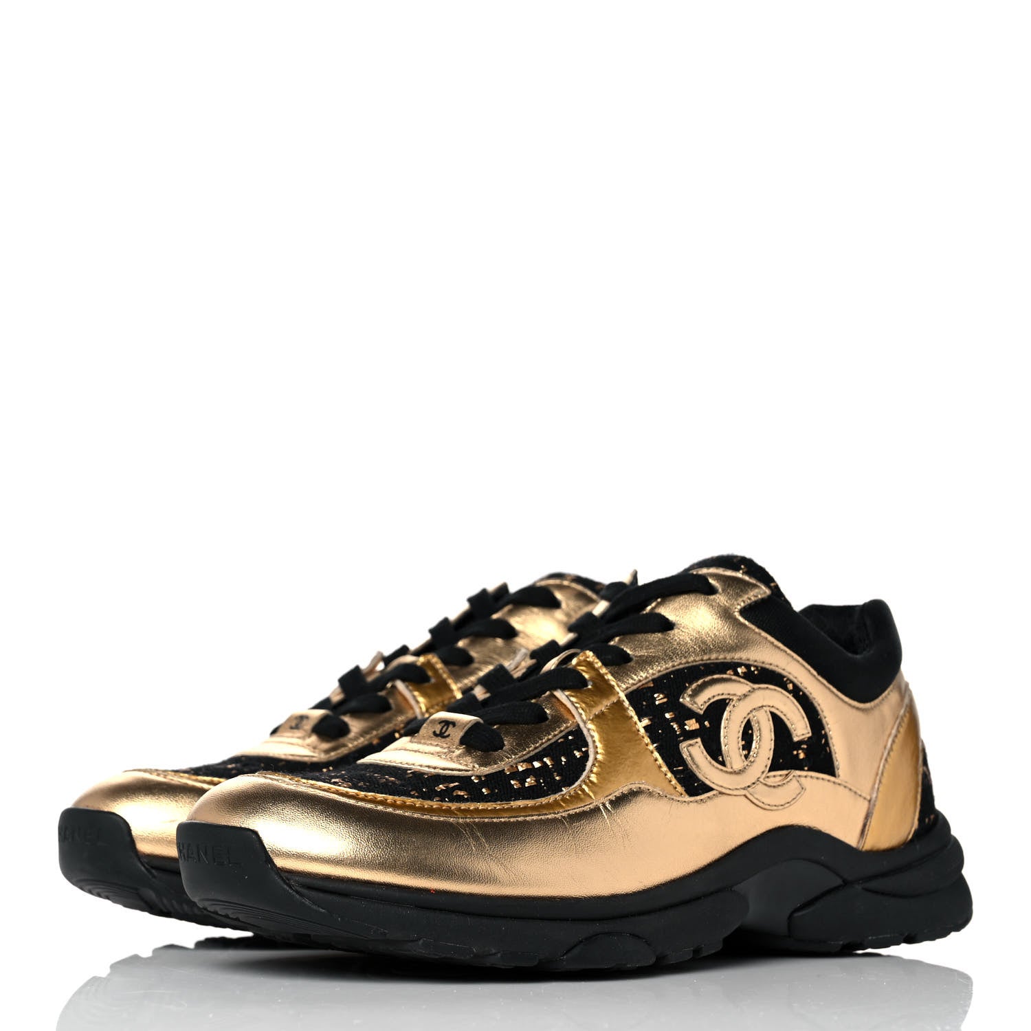 Chanel Satin Lambskin Fabric Tweed CC Sneakers 38.5 Gold Black 3 of 8