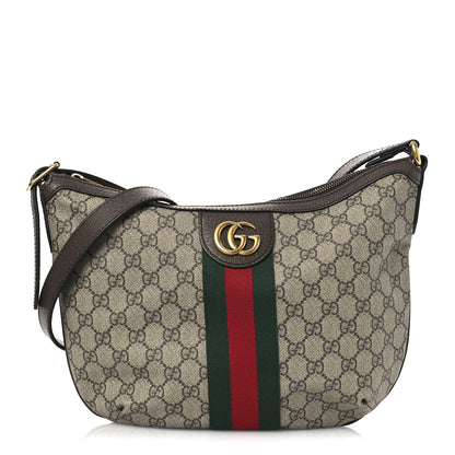 Gucci GG Supreme Monogram Textured Dollar Calfskin Web Small Ophidia Half Moon Hobo Beige Ebony New Acero 1 of 10