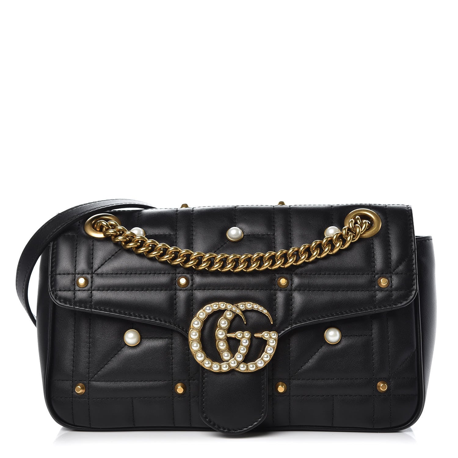 Gucci Calfskin Matelasse Studded Small Pearly GG Marmont Shoulder Bag Black 1 of 9