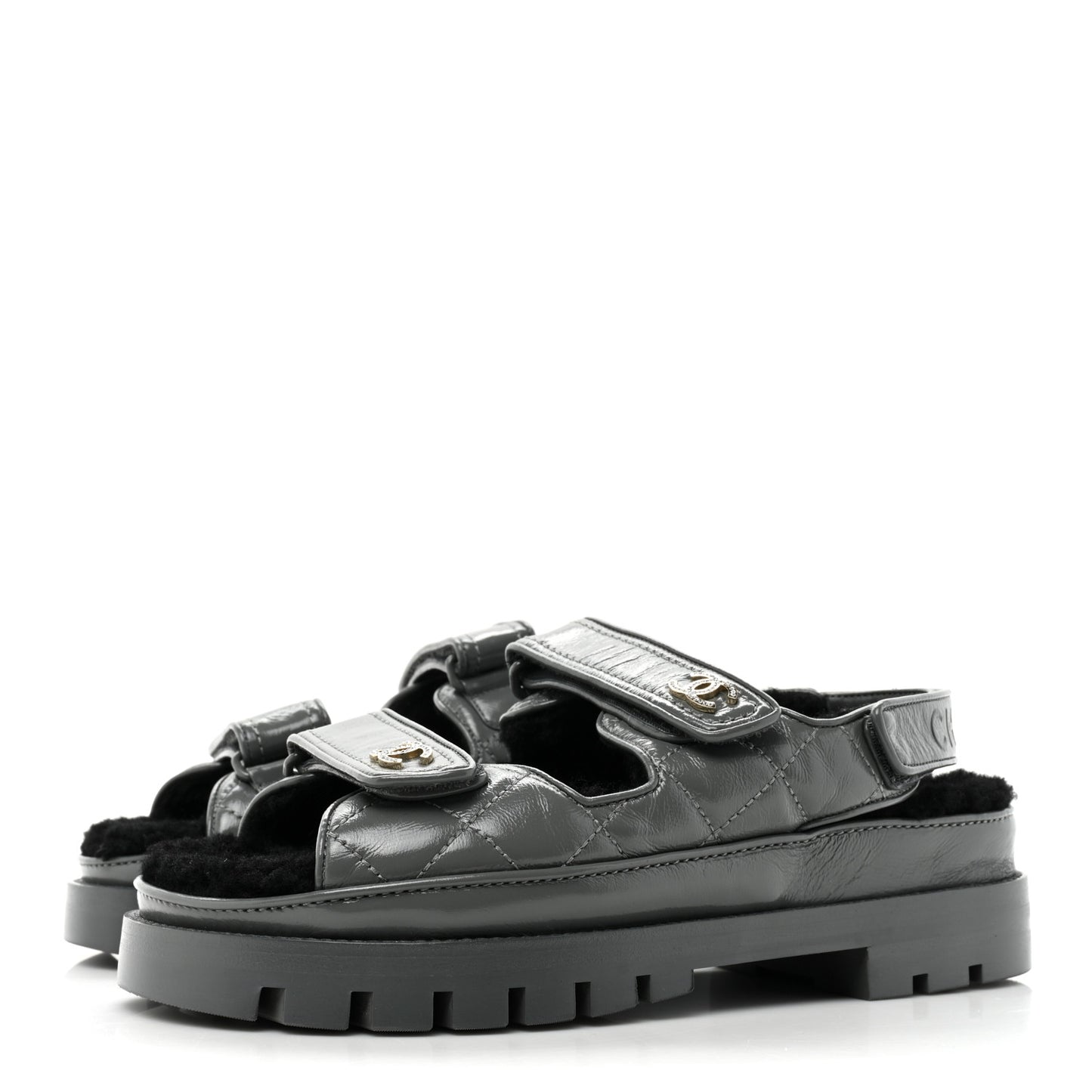 Laminated Lambskin Shearling Crystal CC Velcro Dad Platform Sandals 37 Dark Grey Black
