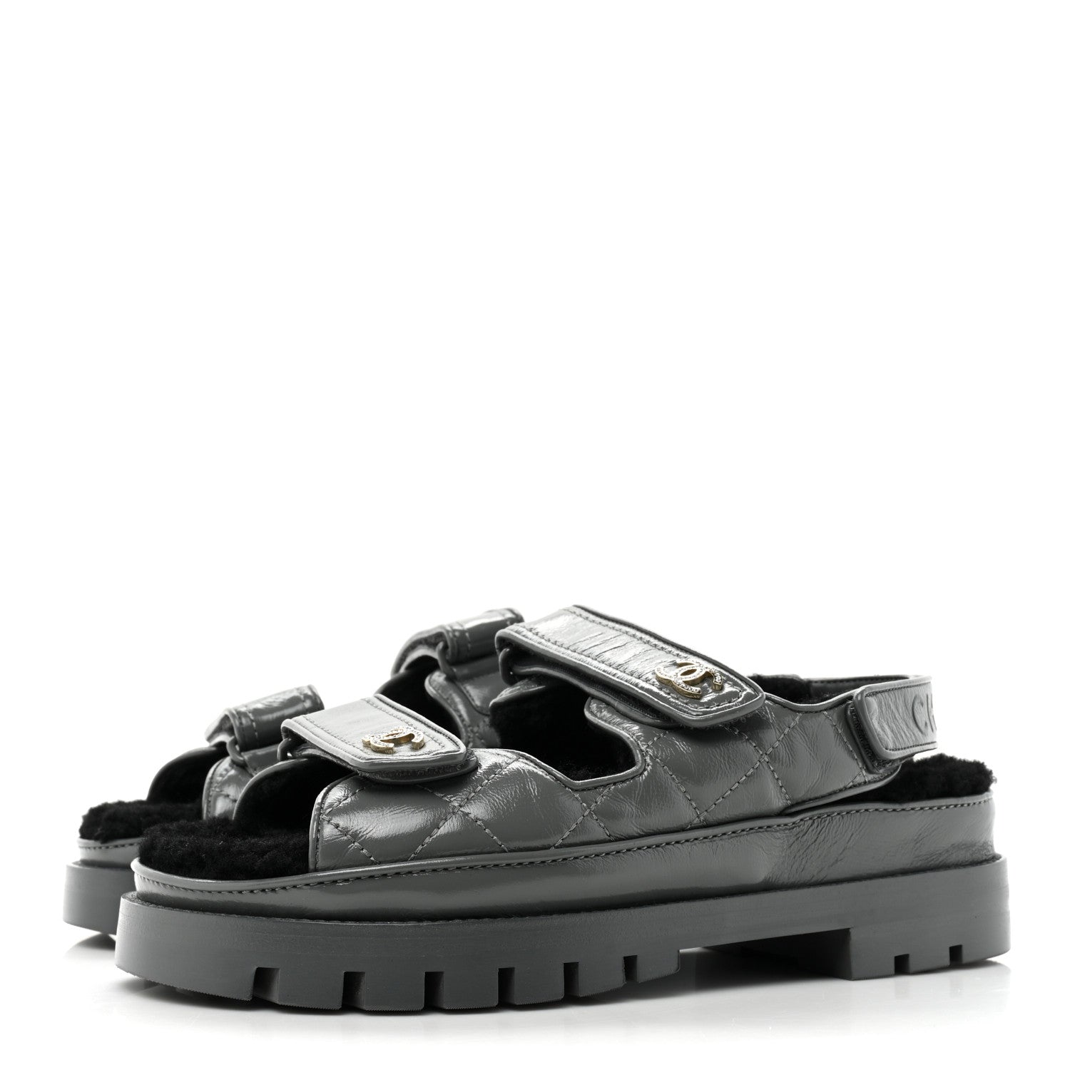 Chanel Laminated Lambskin Shearling Crystal CC Velcro Dad Platform Sandals 37 Dark Grey Black 3 of 8