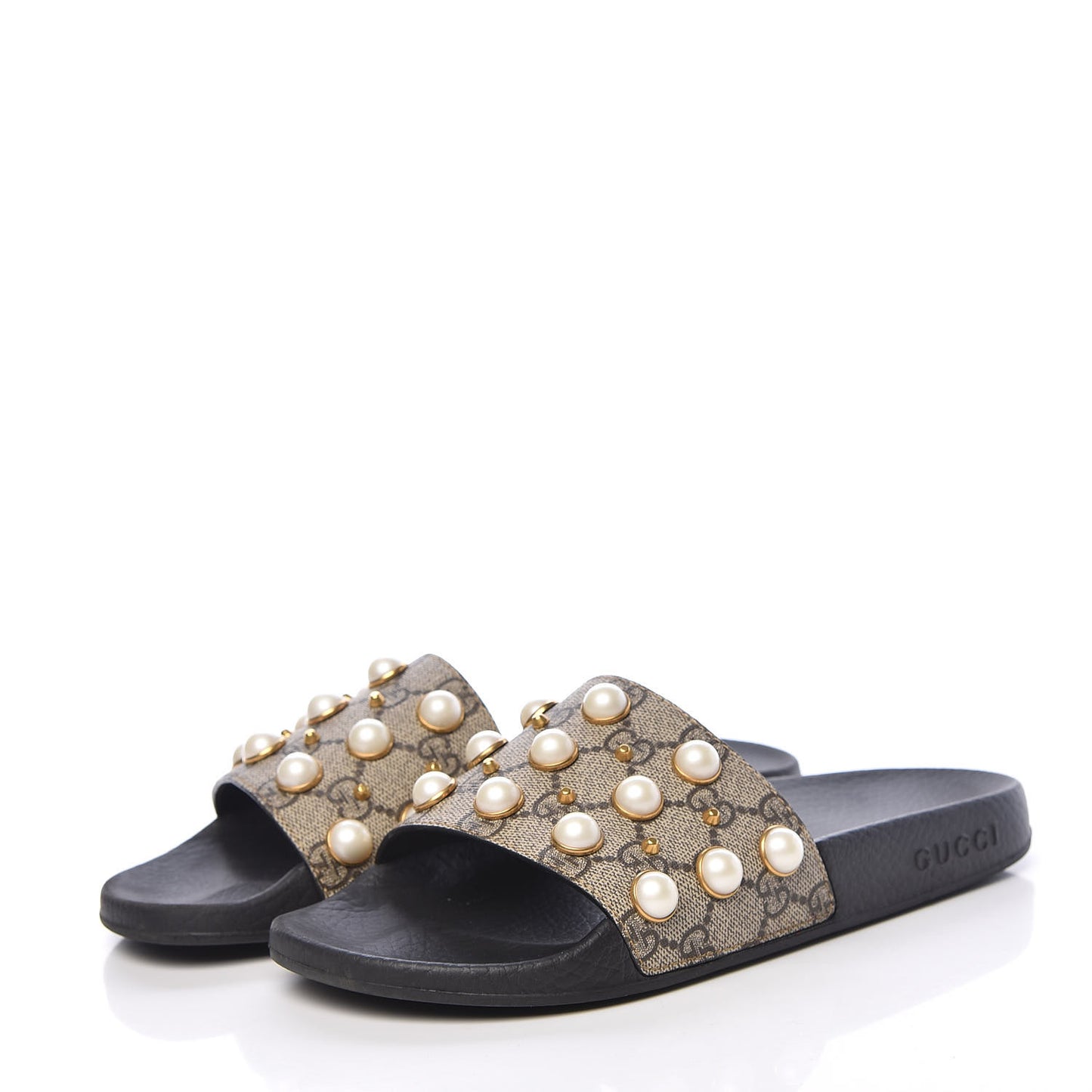 GG Supreme Monogram Pearls Slide Sandals 38 Beige