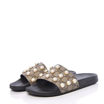 Gucci GG Supreme Monogram Pearls Slide Sandals 38 Beige 3 of 11