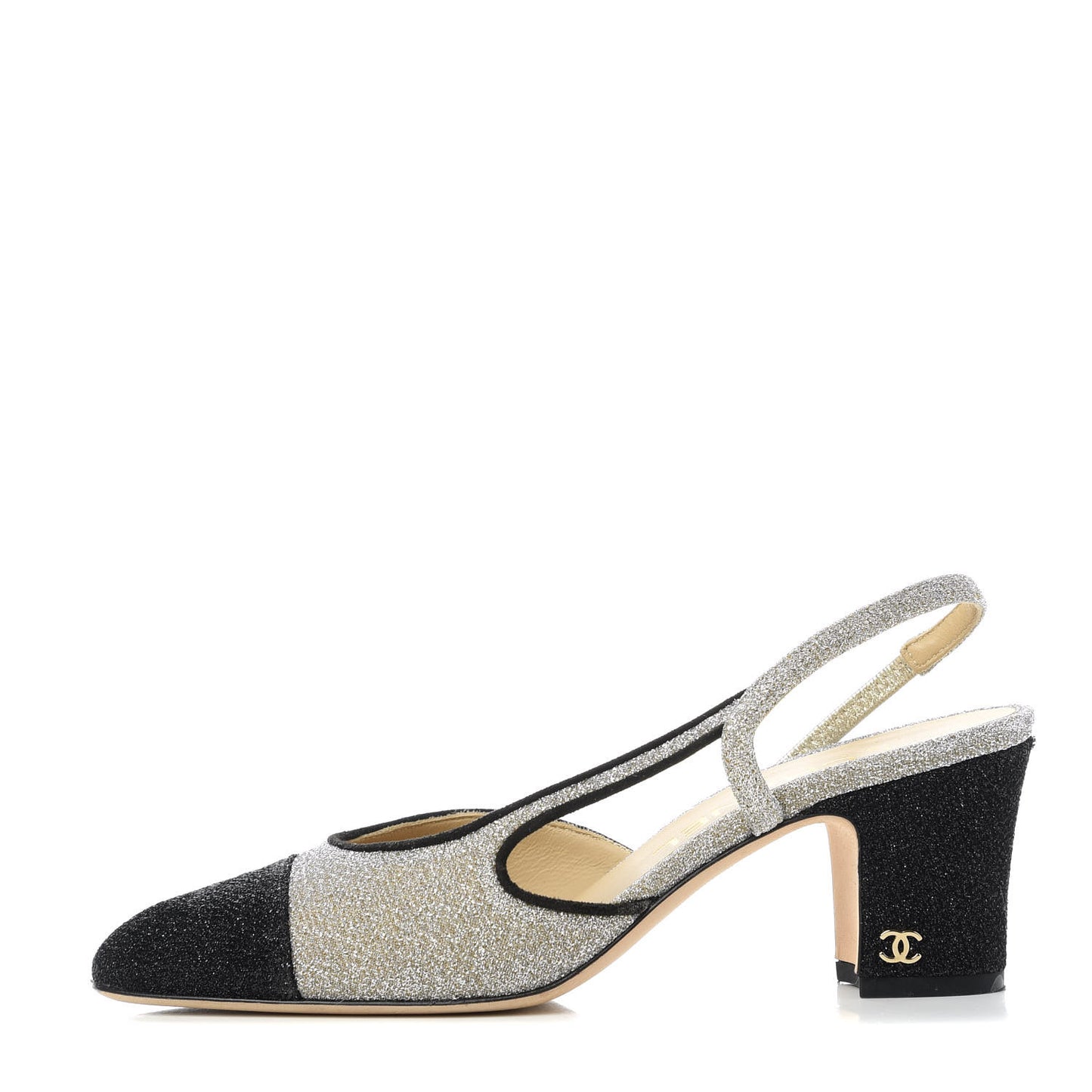 Glitter Grosgrain Cap Toe CC Slingback Pumps 36 Silver Black