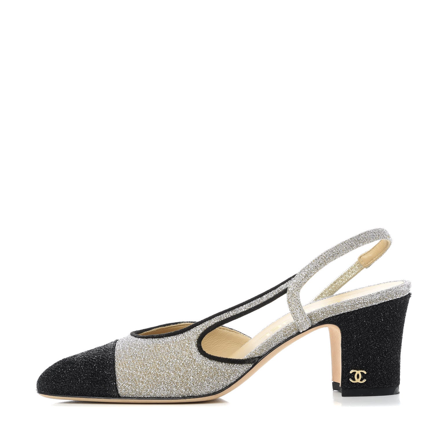 Chanel Glitter Grosgrain Cap Toe CC Slingback Pumps 36 Silver Black 1 of 9