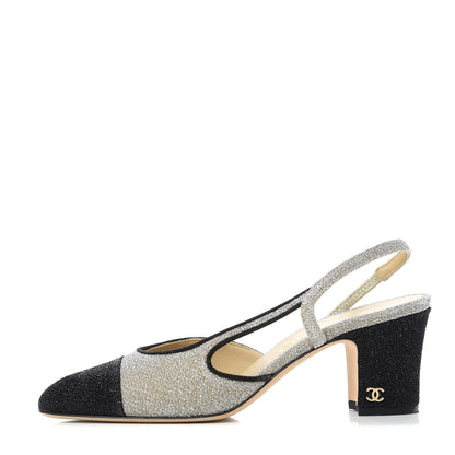 Chanel Glitter Grosgrain Cap Toe CC Slingback Pumps 36 Silver Black 1 of 9