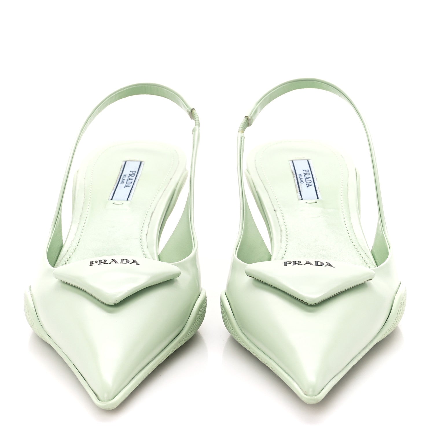 Prada Spazzolato Triangle Logo Pointed Toe 45mm Slingback Pumps 37 Acqua 2 of 9