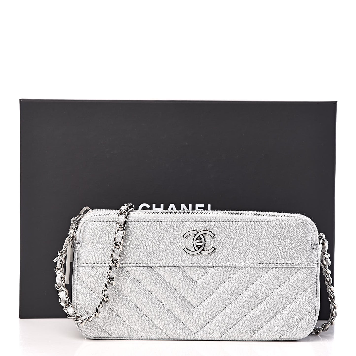 Metallic Caviar Chevron Quilted Small Vintage Mademoiselle Clutch With Chain Silver