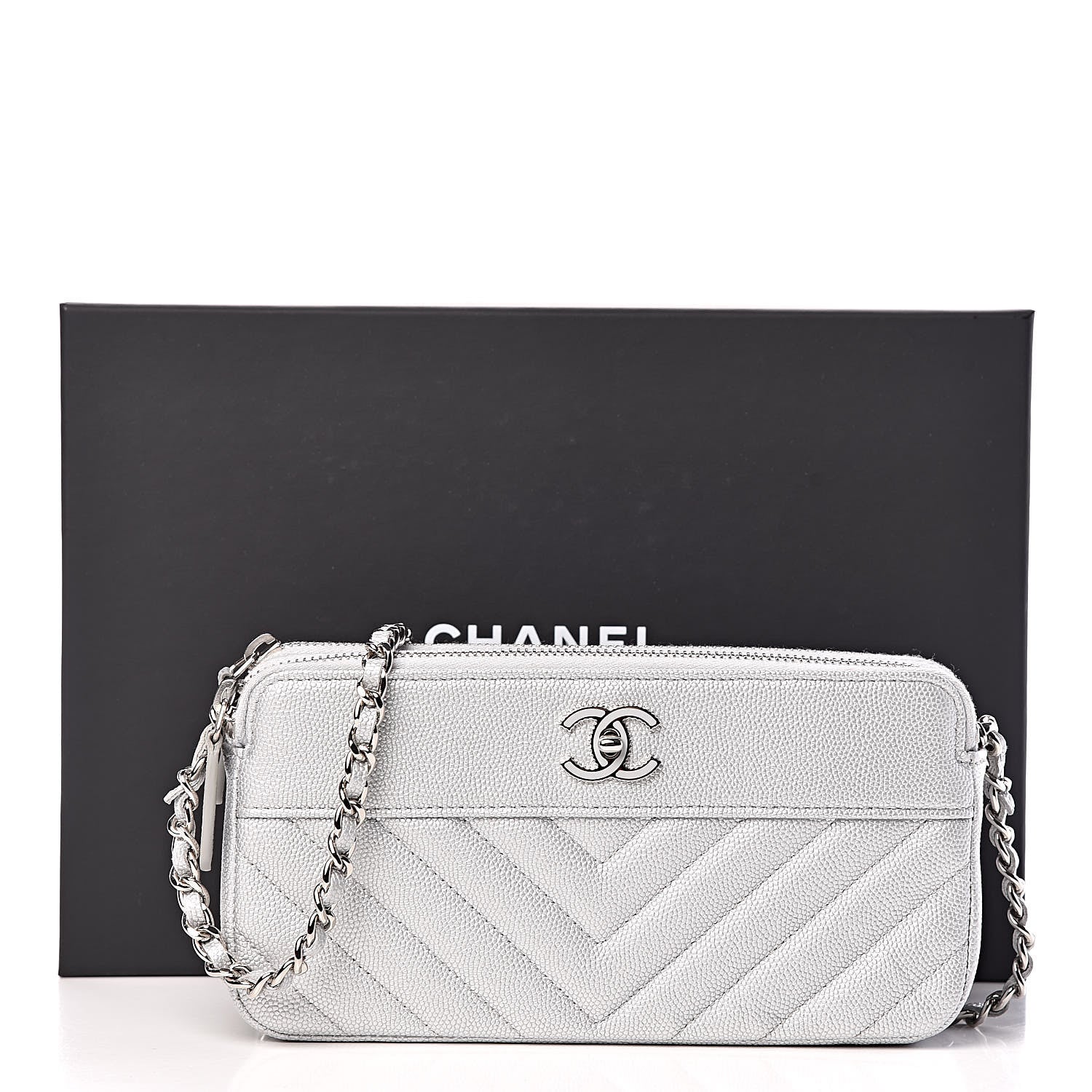 Chanel Metallic Caviar Chevron Quilted Small Vintage Mademoiselle Clutch With Chain Silver 13 of 13