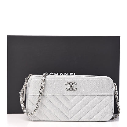 Chanel Metallic Caviar Chevron Quilted Small Vintage Mademoiselle Clutch With Chain Silver 13 of 13