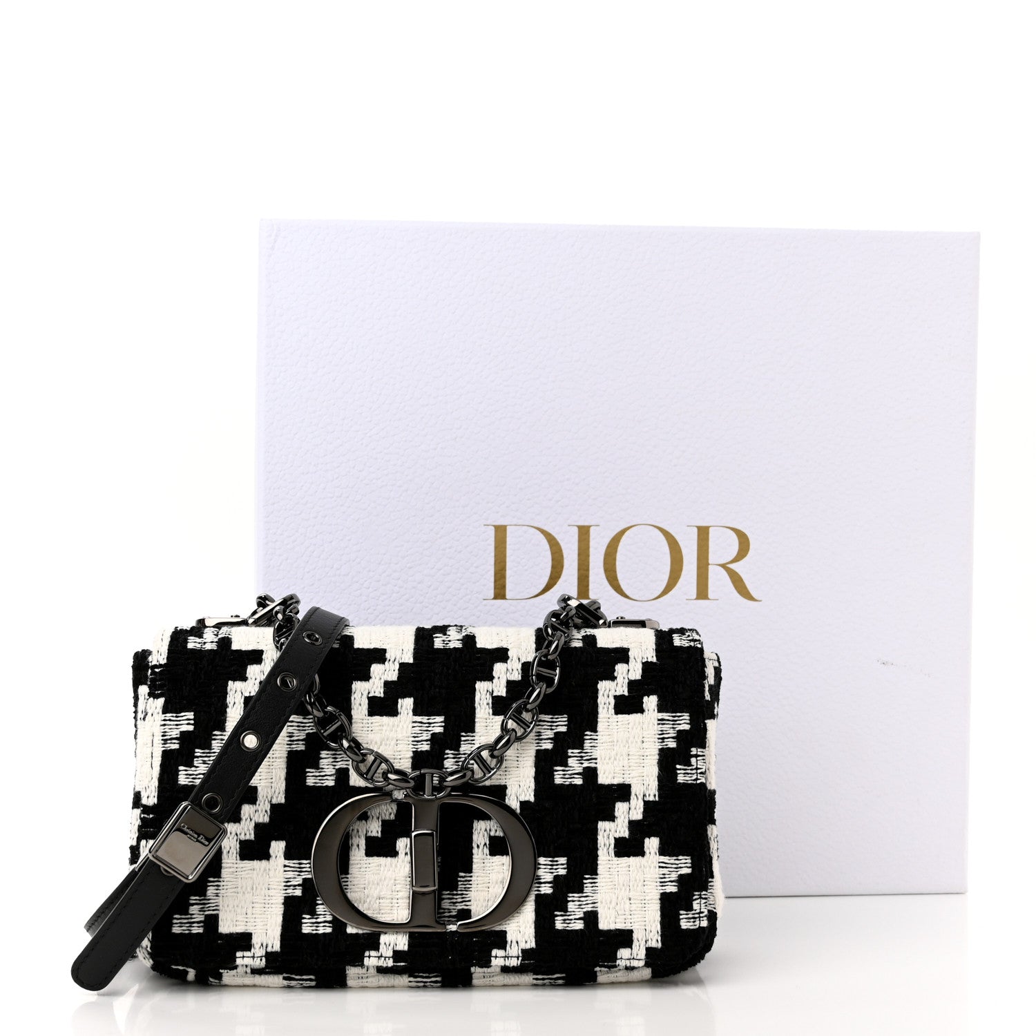 Christian Dior Tweed Macro Houndstooth Small Caro Bag Black White 11 of 11