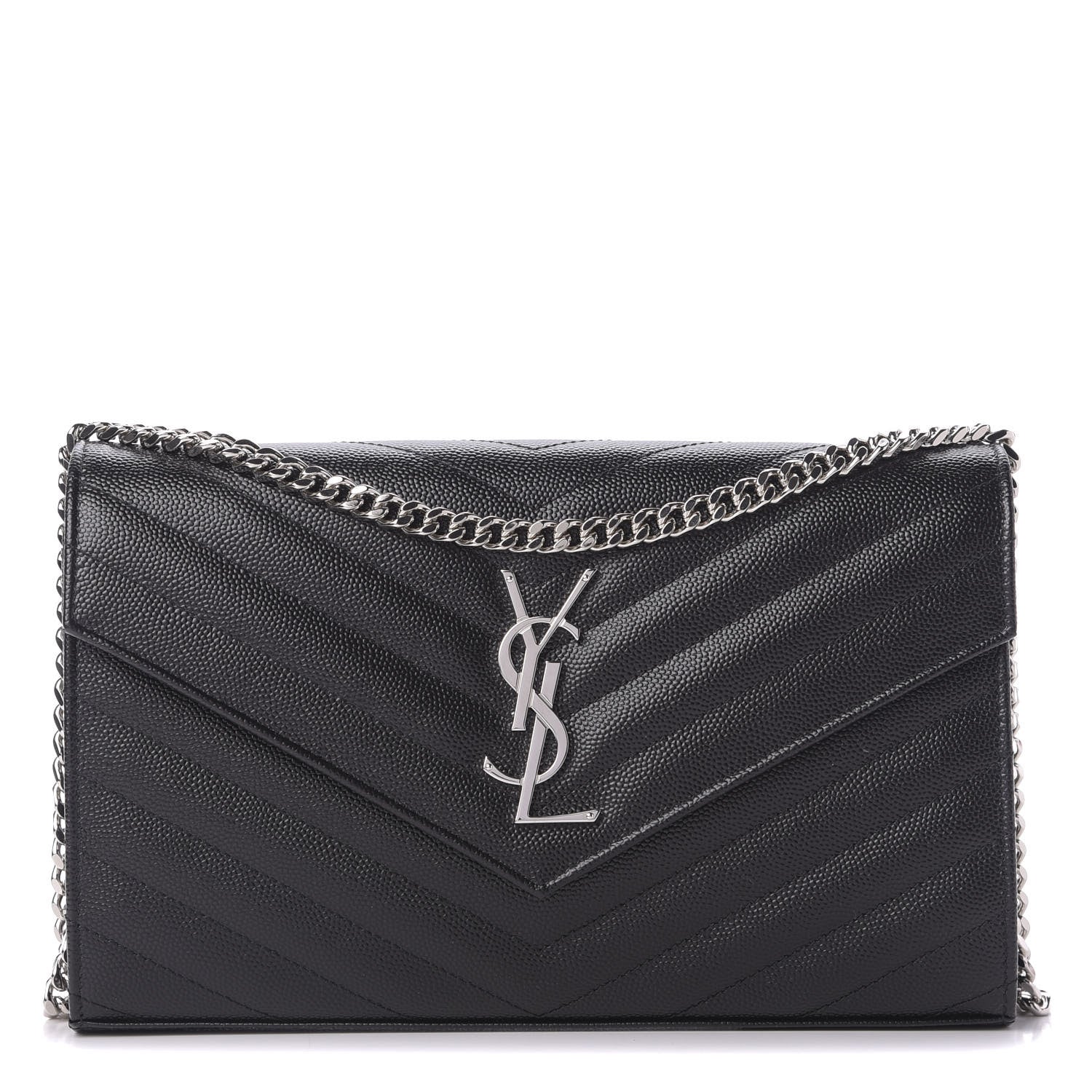 Saint Laurent Grain De Poudre Matelasse Chevron Monogram Chain Wallet Black 1 of 9