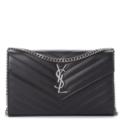 Saint Laurent Grain De Poudre Matelasse Chevron Monogram Chain Wallet Black 1 of 9