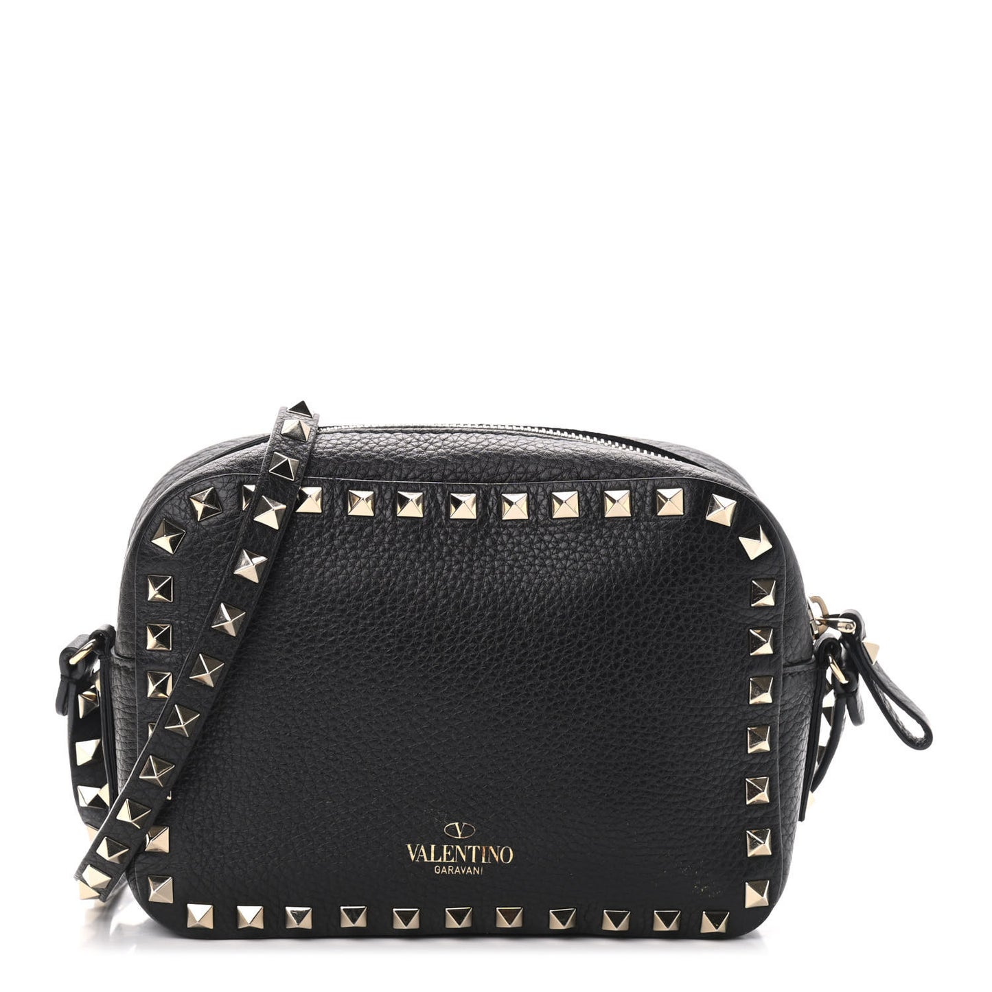 Pebbled Calfskin Rockstud Camera Crossbody Bag Black