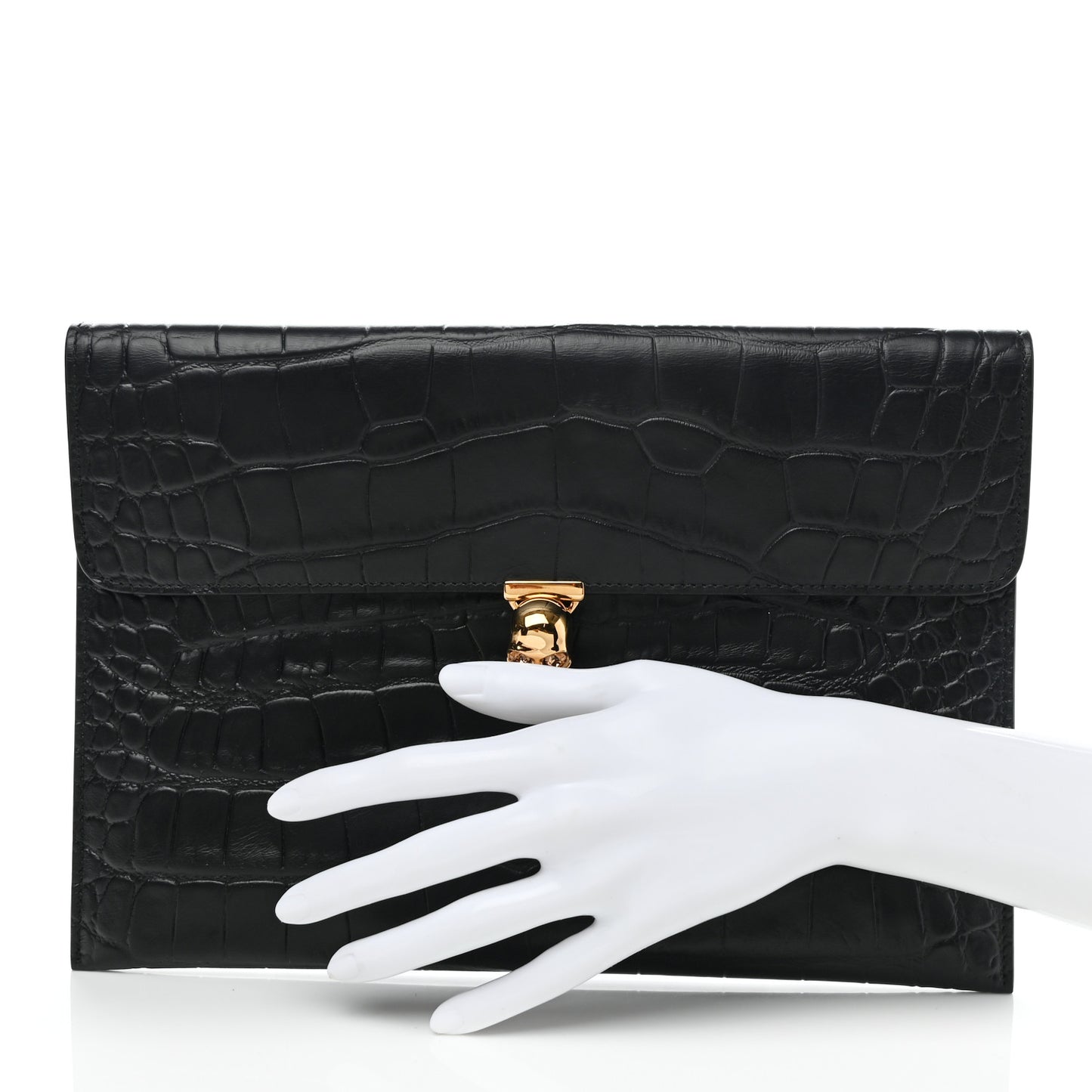 Calfskin Crocodile Embossed Skull Envelope Clutch Black