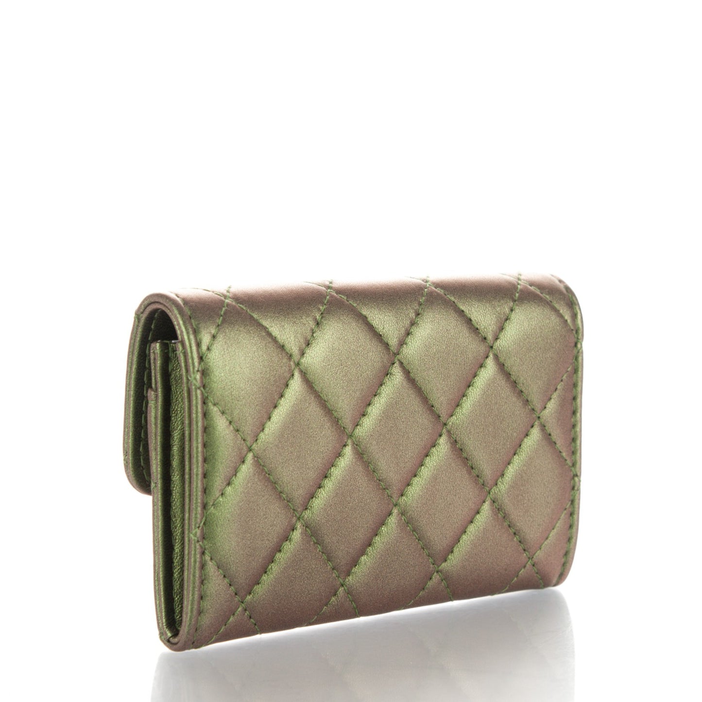 Metallic Lambskin Quilted Card Holder Green