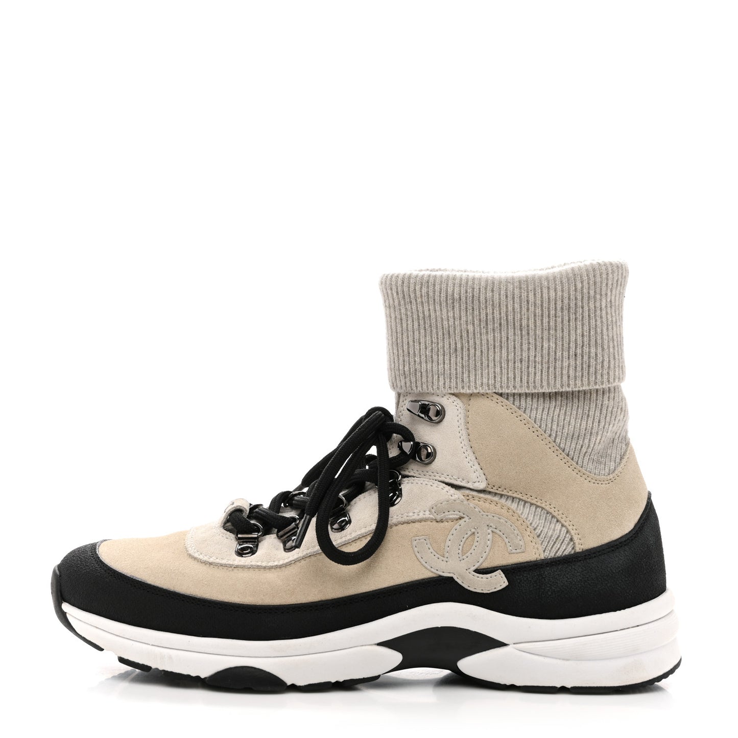 Suede Calfskin Knit CC High Top Lace Up Sneakers 40 Ivory Light Gray
