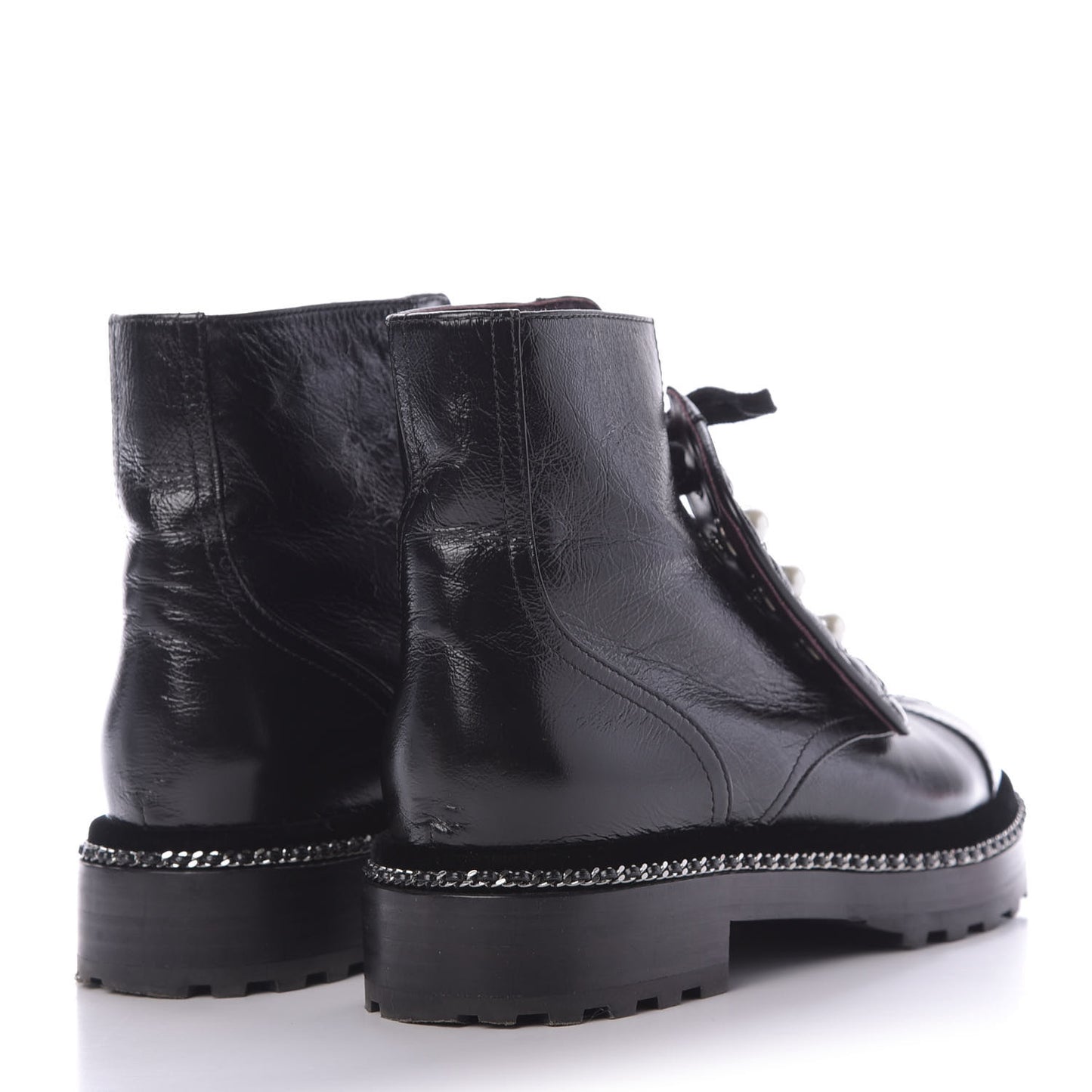 Crackled Calfskin Velvet Pearl Combat Short Boots 39 Black