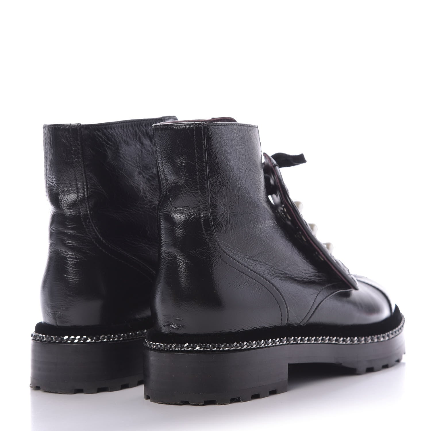 Chanel Crackled Calfskin Velvet Pearl Combat Short Boots 39 Black 4 of 10