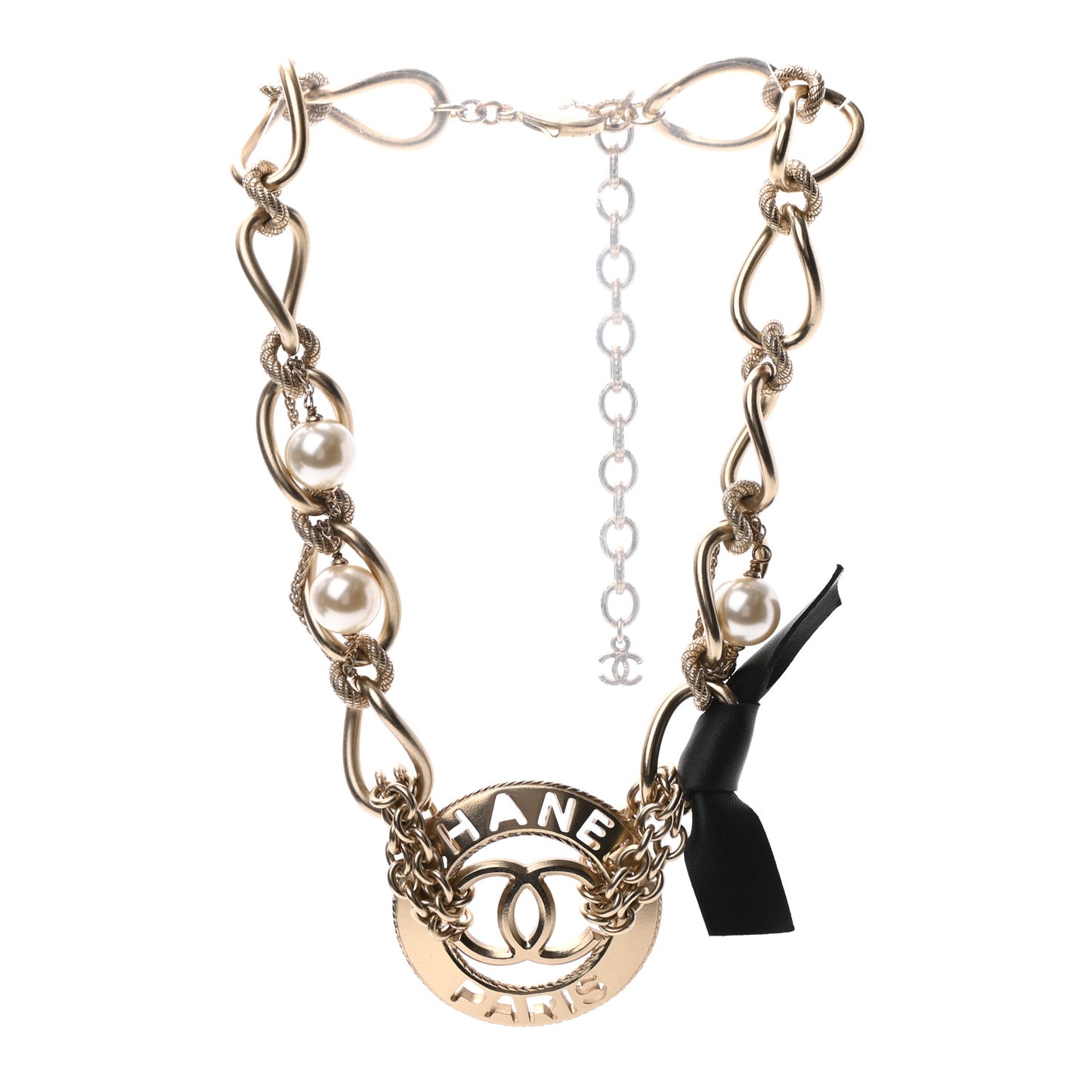 Metal Pearl Chain CC Paris Pendant Necklace Gold