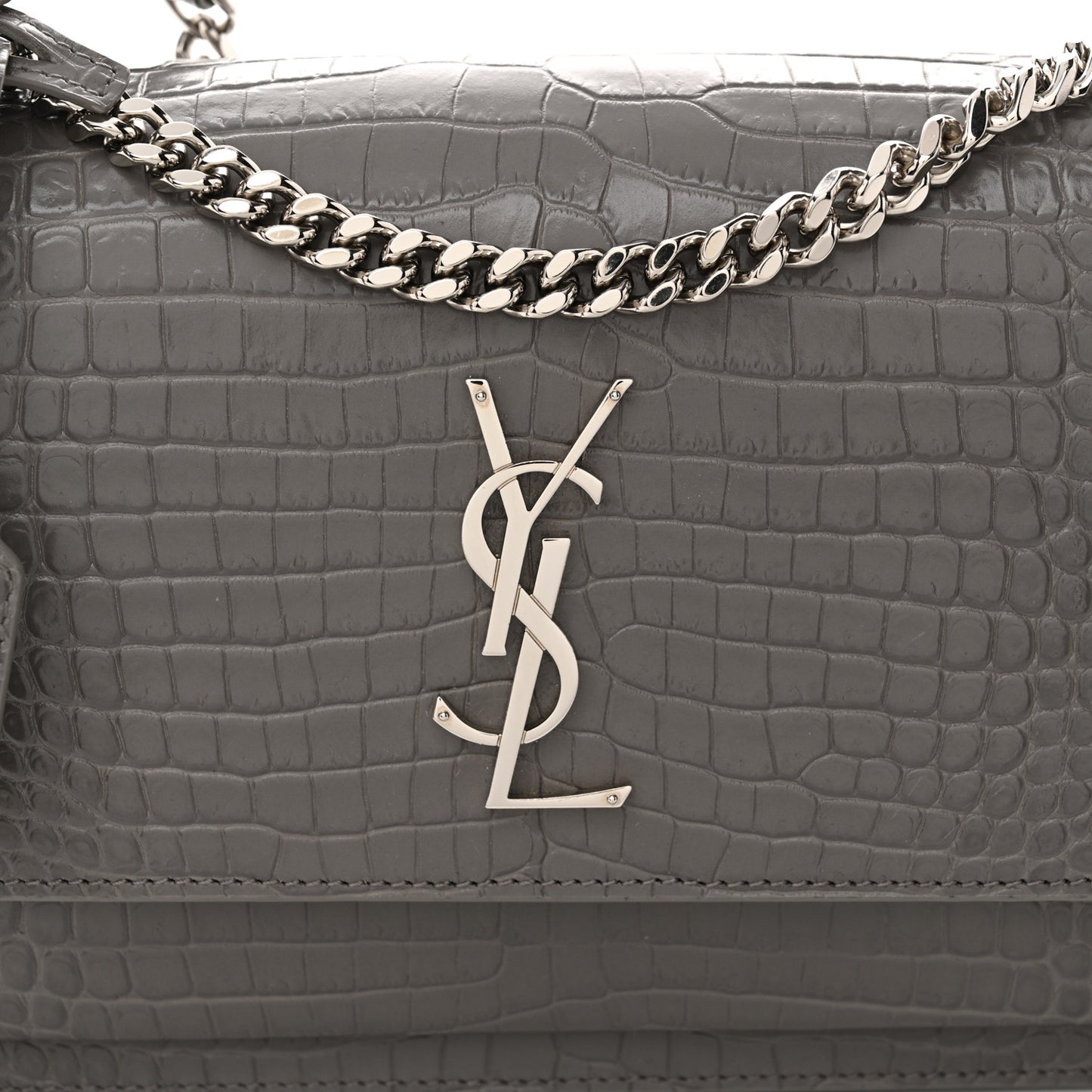 Calfskin Crocodile Embossed Medium Monogram Sunset Fog