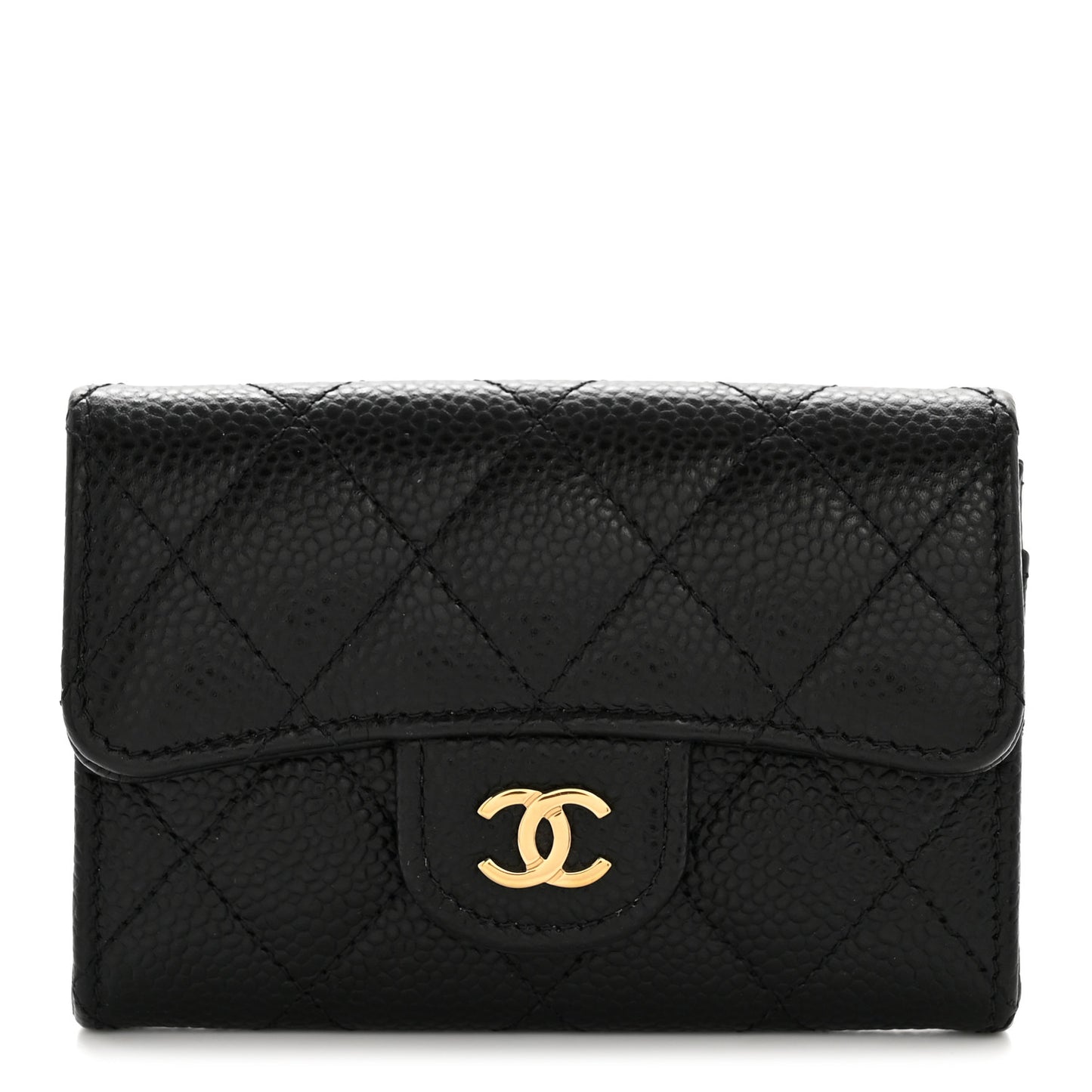 Caviar Quilted Flap Card Holder Wallet Black