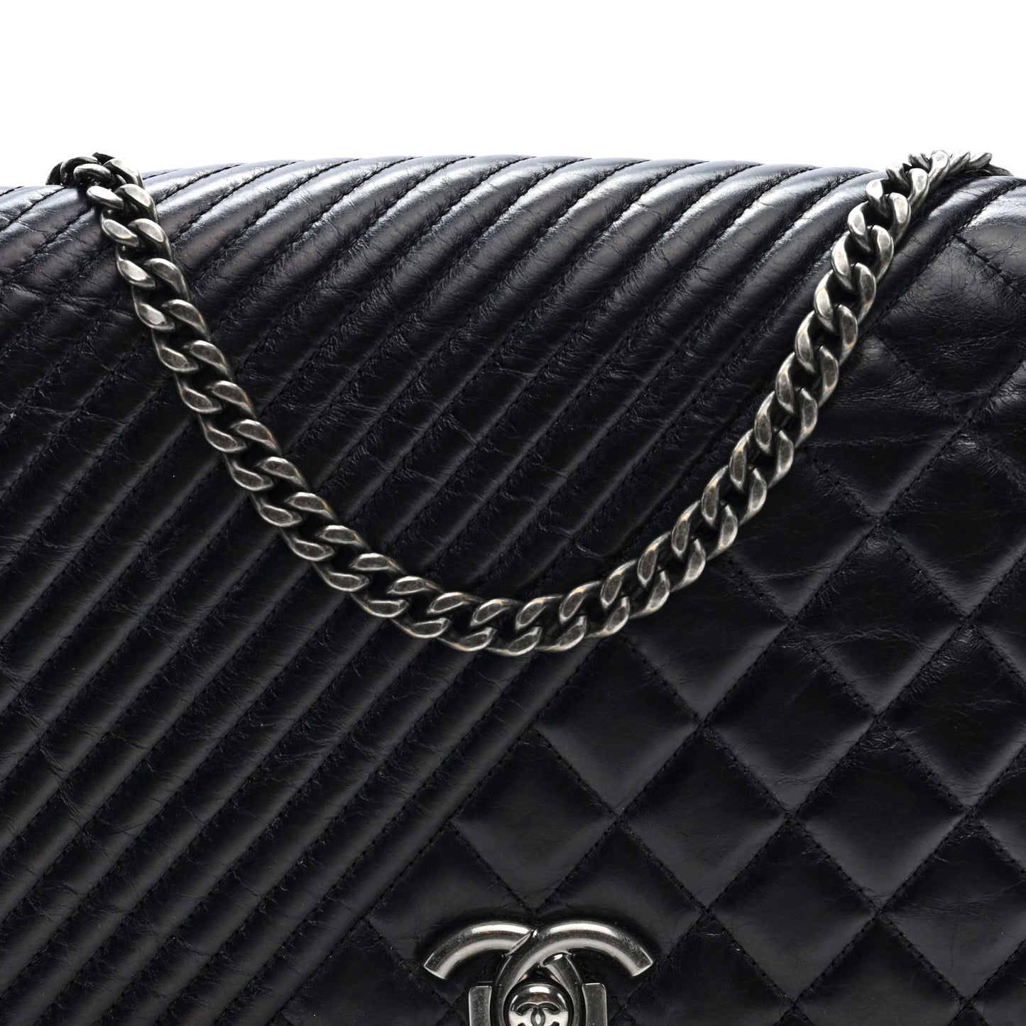 Glazed Calfskin Quilted Large Coco Boy Flap Black