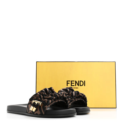 Fendi Satin FF Fendi Feel Slide Sandals 37 Tobacco Black 9 of 9