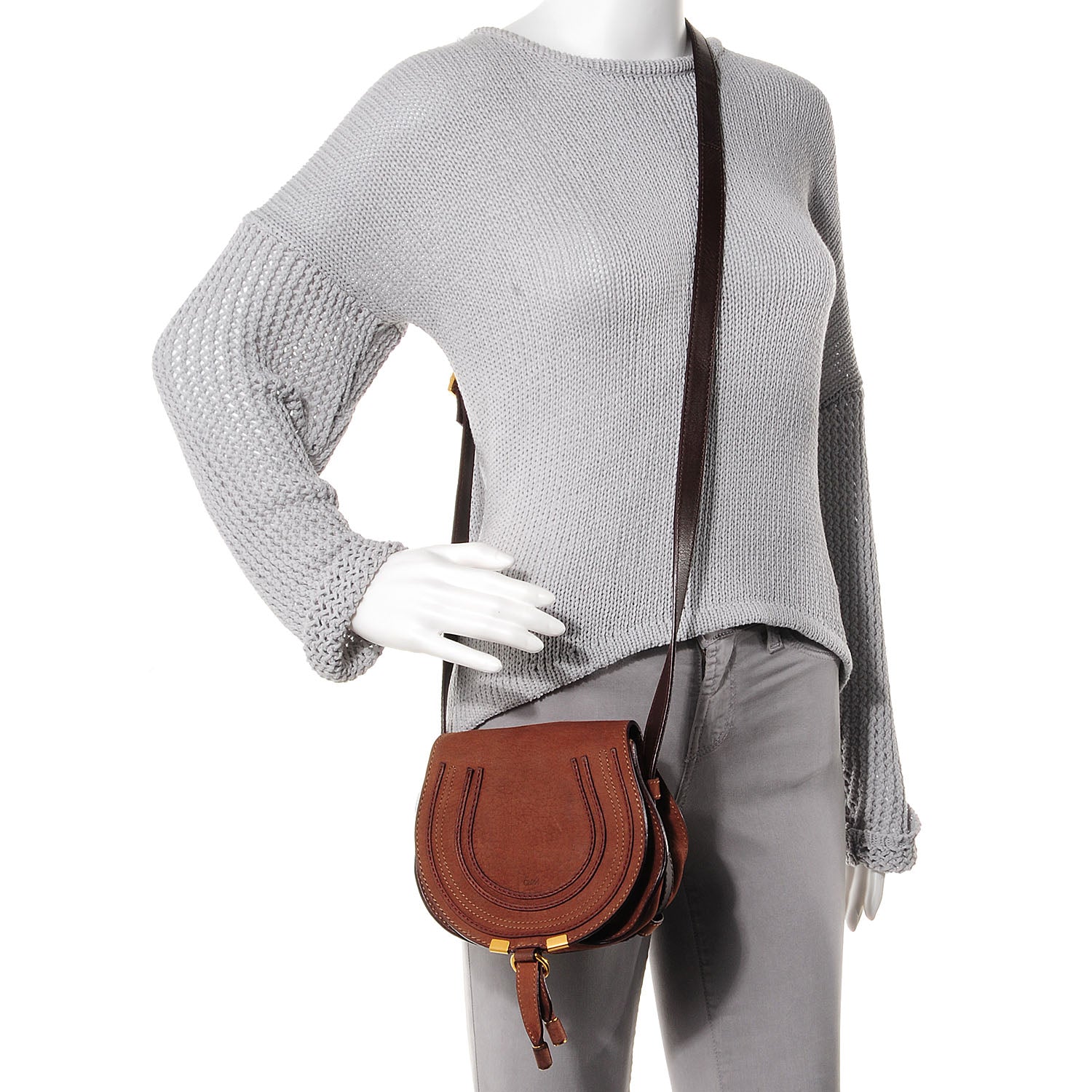 Chloe Nubuck Calfskin Mini Marcie Round Crossbody Bag Oak 2 of 8