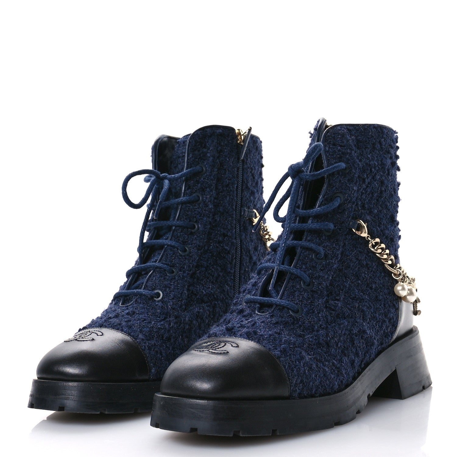 Chanel Wool Tweed Calfskin Chain Lace Up Combat Boots 40.5 Navy Blue Black 4 of 9