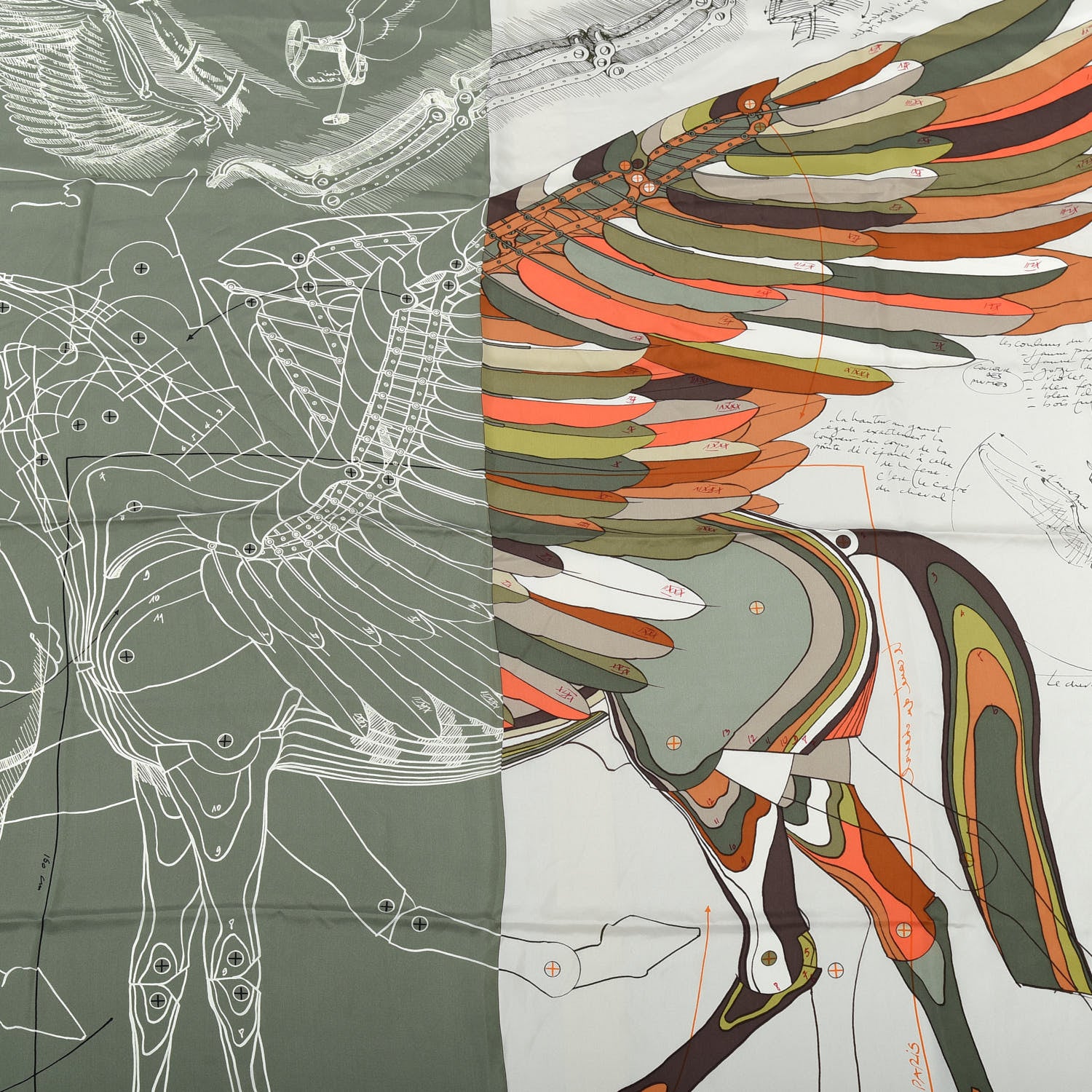 Hermes Silk Le Pegase d'Hermes Cut Wash 140 Scarf Kaki Gris Perle Or 2 of 6