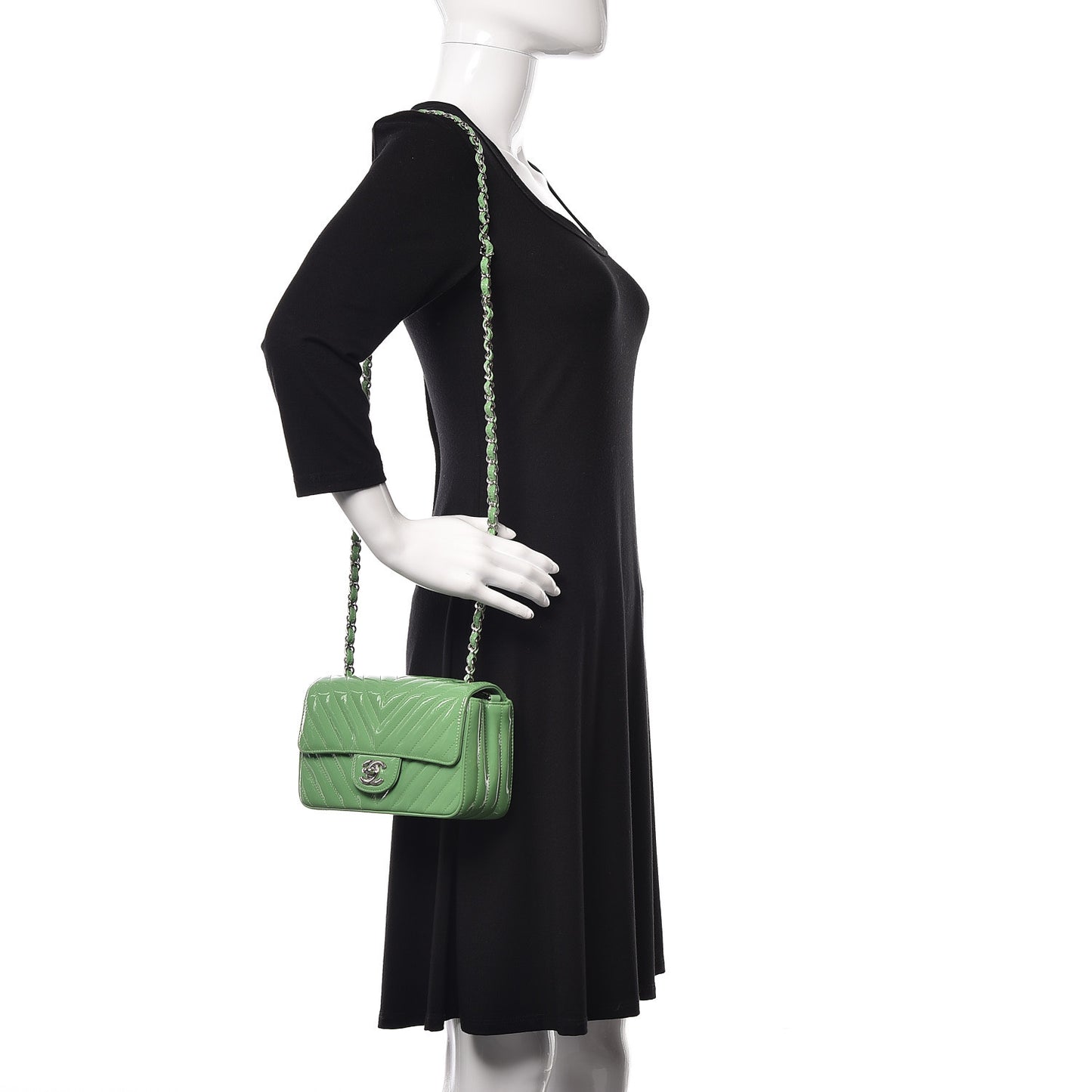 Patent Calfskin Chevron Quilted Mini Rectangular Flap Green