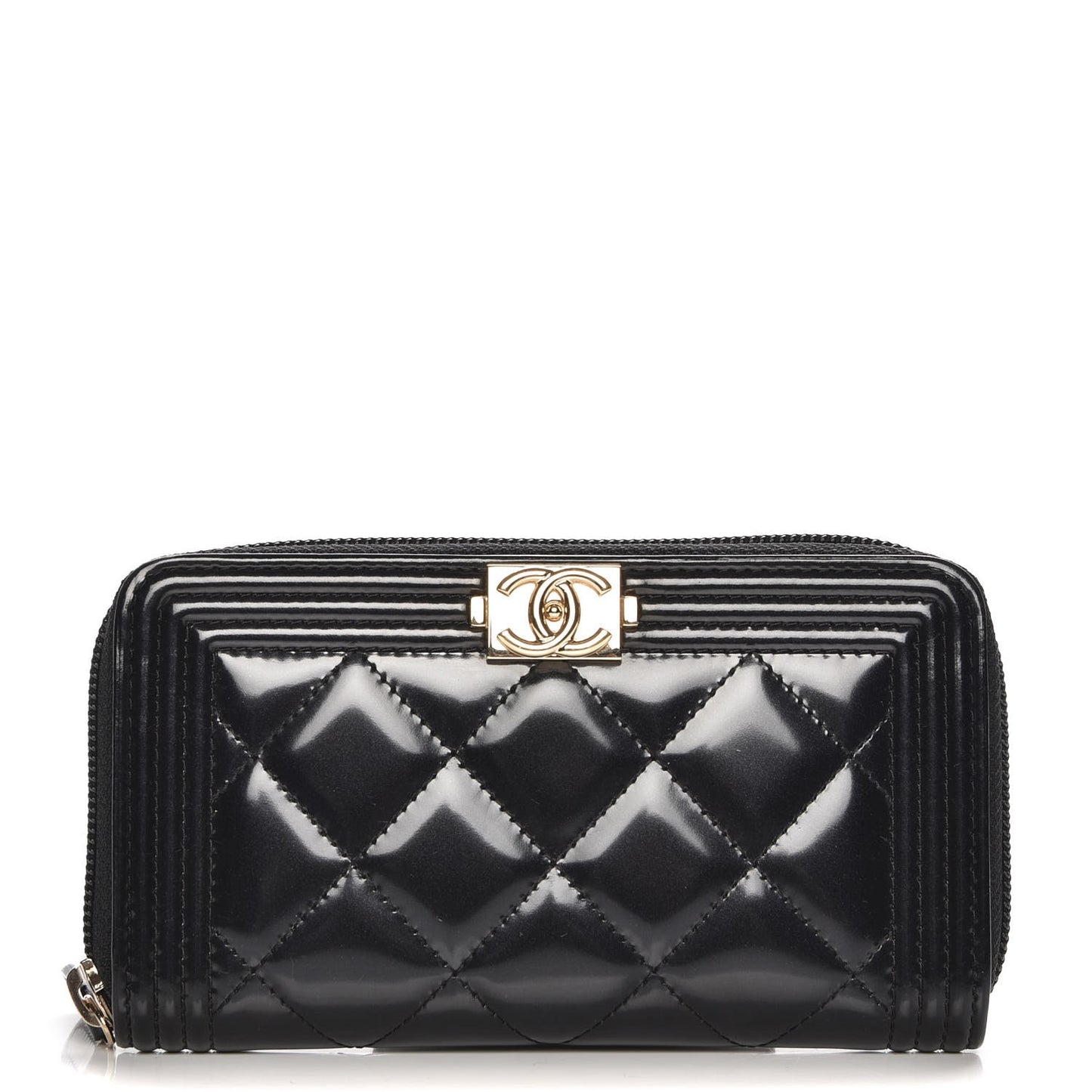 Glazed Calfskin Quilted Small Boy Zip Around Wallet Black