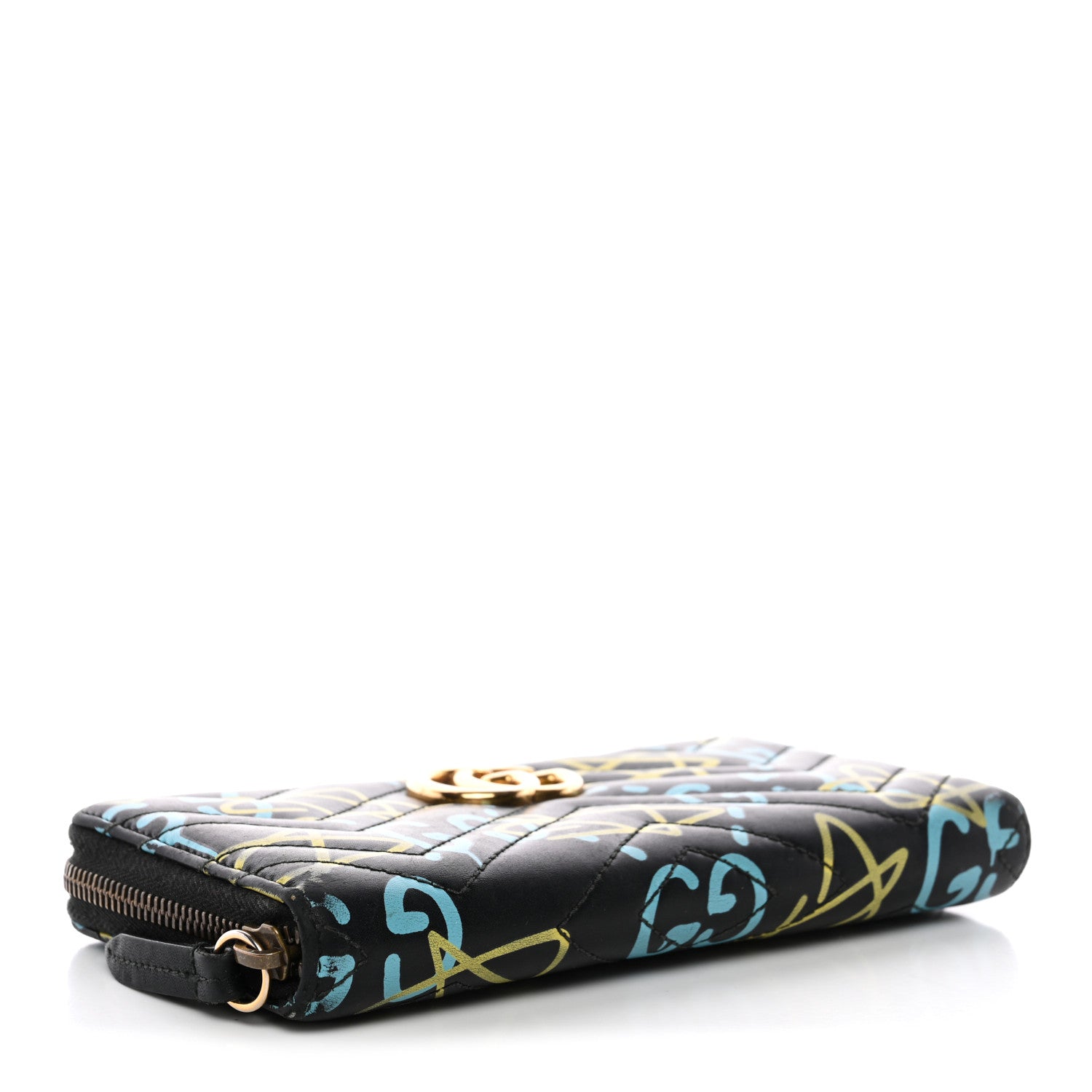 Gucci Calfskin Matelasse GucciGhost GG Marmont Zip Around Wallet Black New Acquamarine 8 of 13