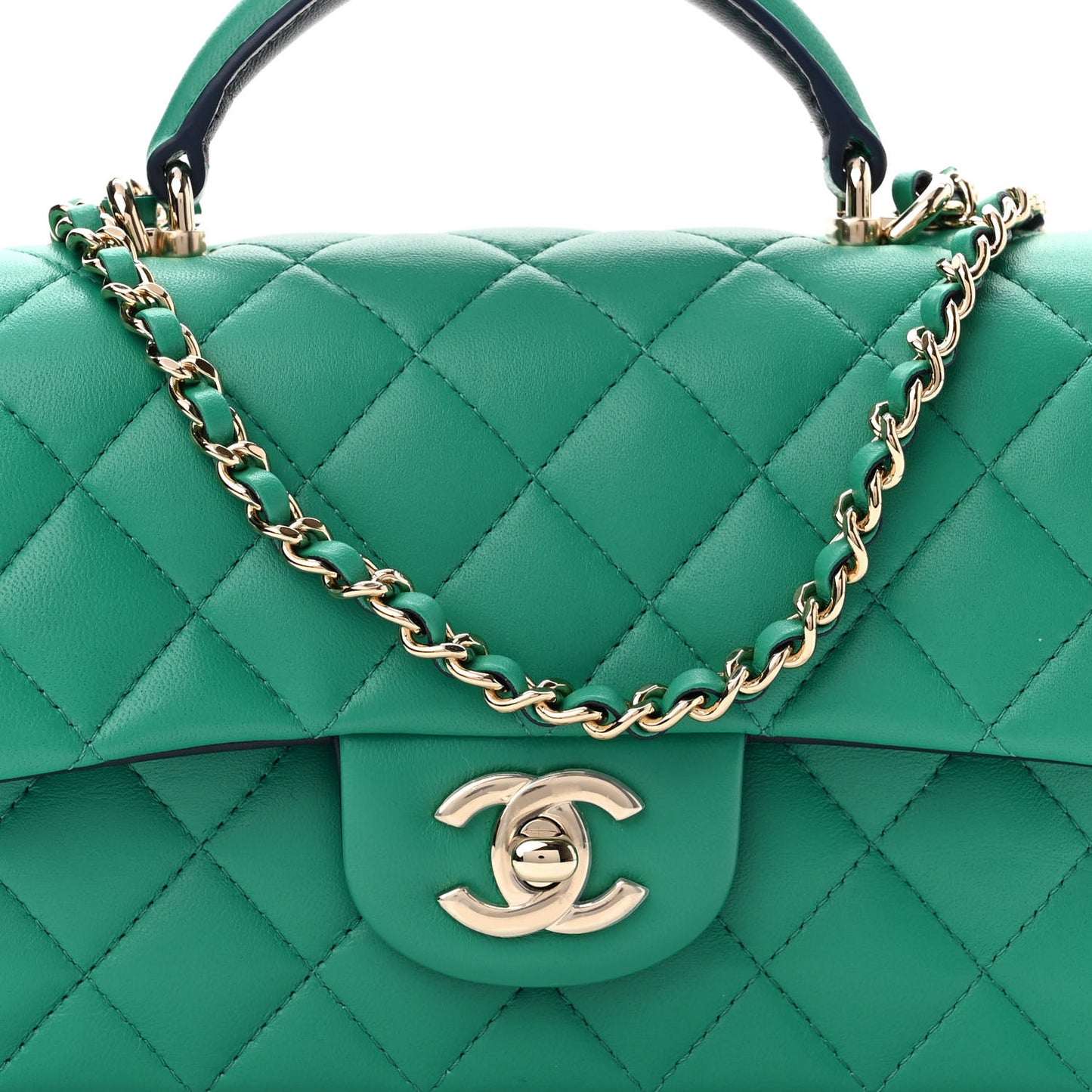 Lambskin Quilted Bi-Color Mini Top Handle Rectangular Flap Green Dark Blue