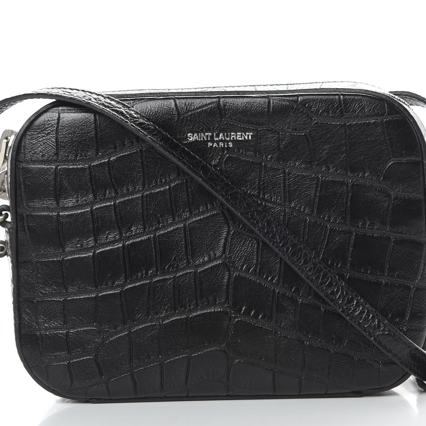 Calfskin Crocodile Embossed Small Classic Monogram Camera Bag Black