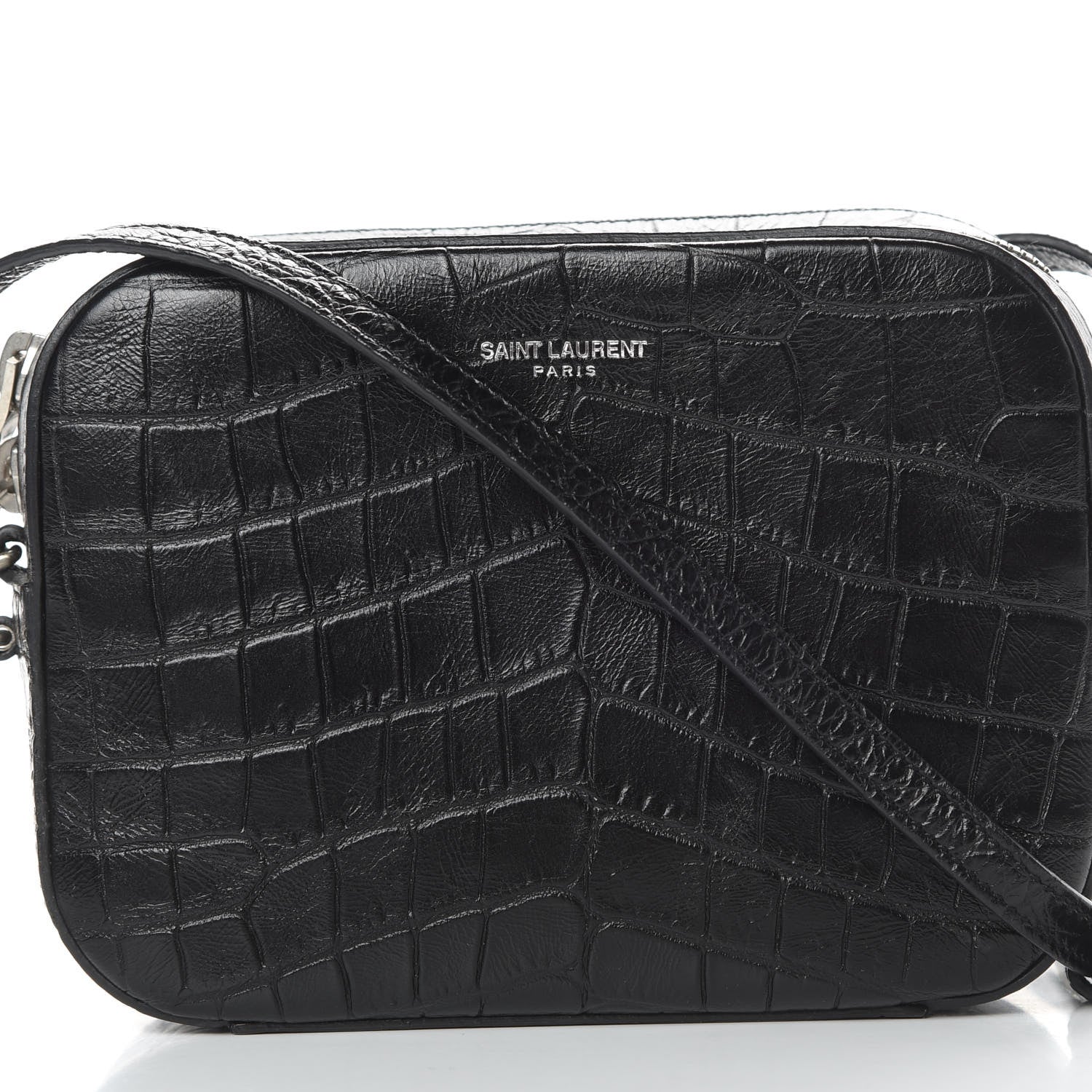 Saint Laurent Calfskin Crocodile Embossed Small Classic Monogram Camera Bag Black 8 of 12