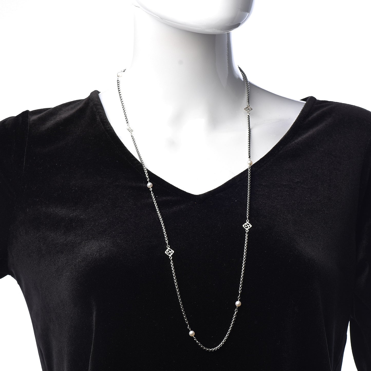 Sterling Silver 14K Yellow Gold Pearl Logo Station Necklace 32"