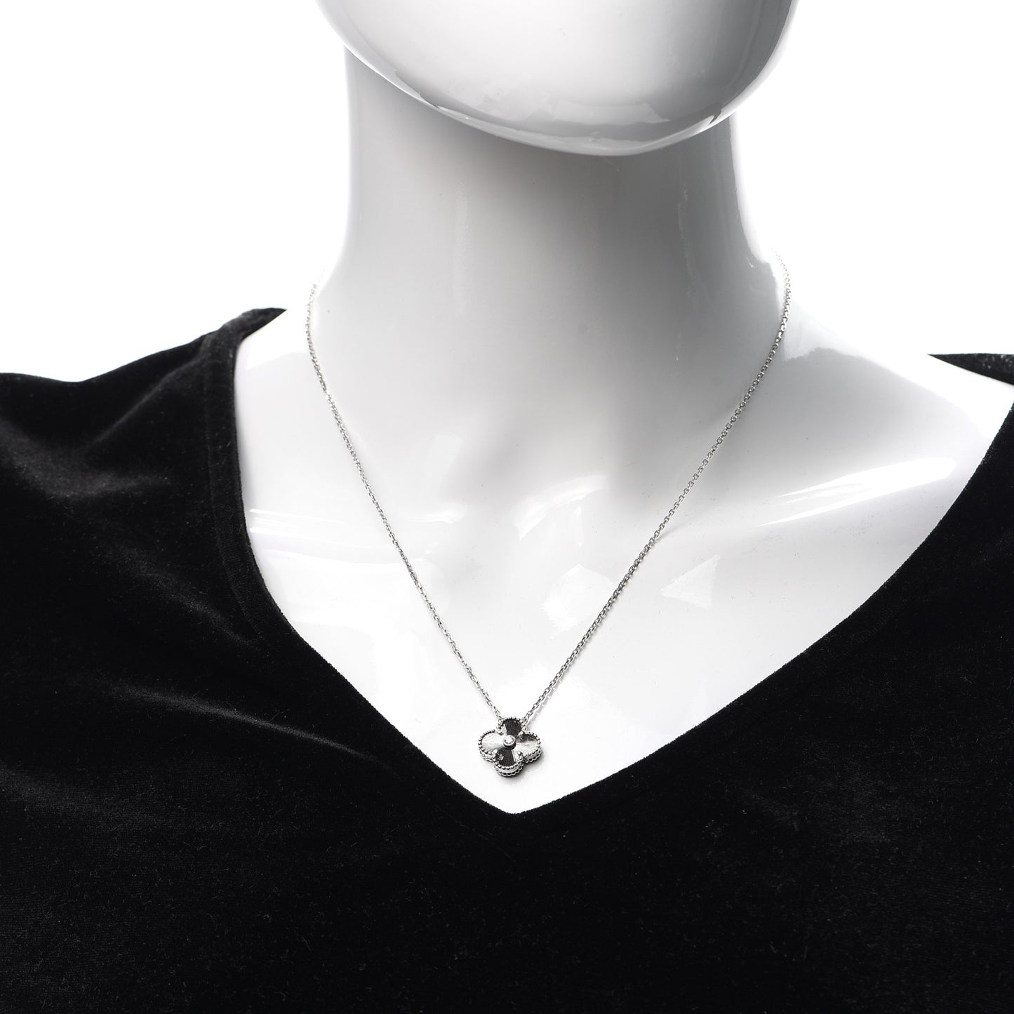 18K White Gold Diamond Guilloche Vintage Alhambra Pendant Necklace