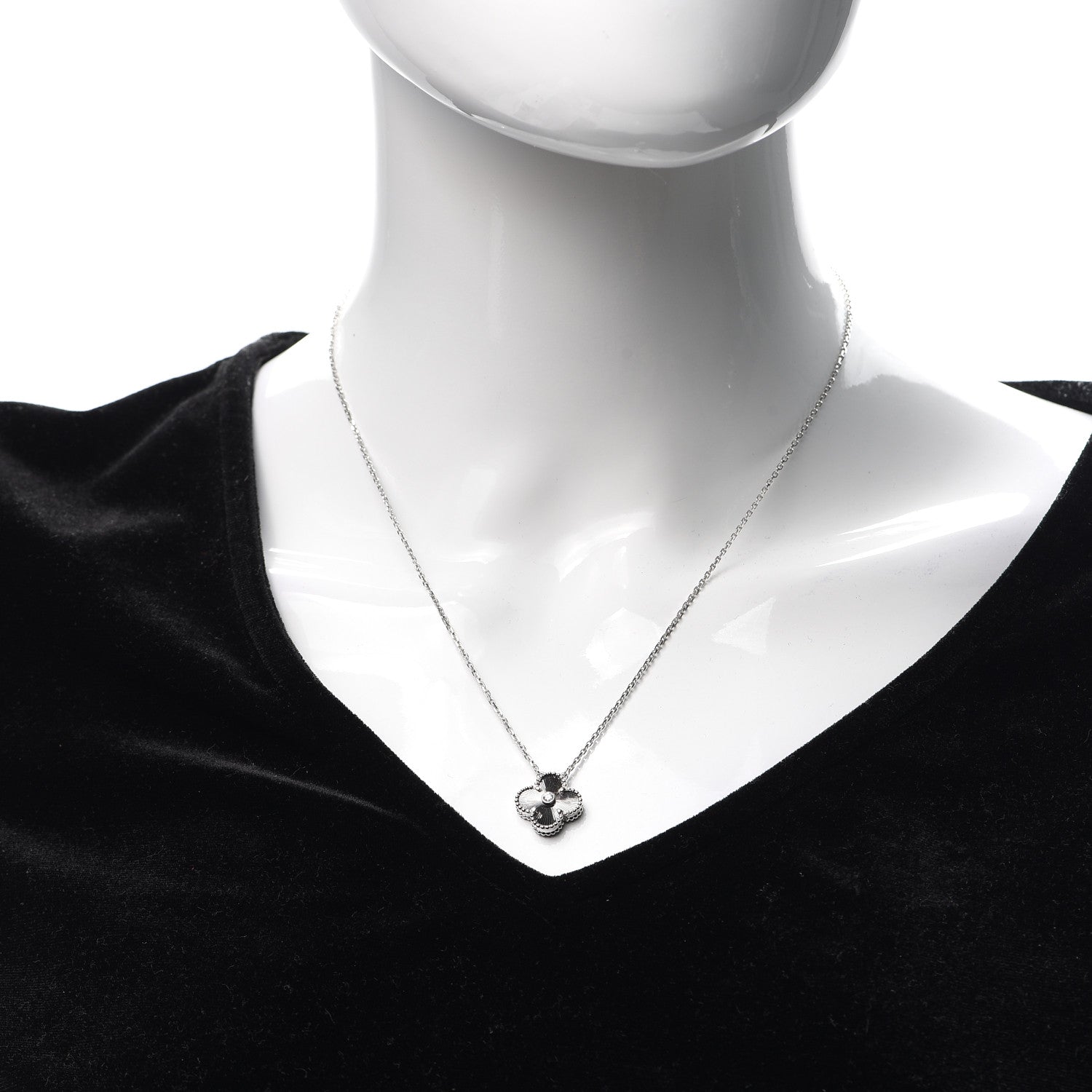 Van Cleef & Arpels 18K White Gold Diamond Guilloche Vintage Alhambra Pendant Necklace 2 of 8