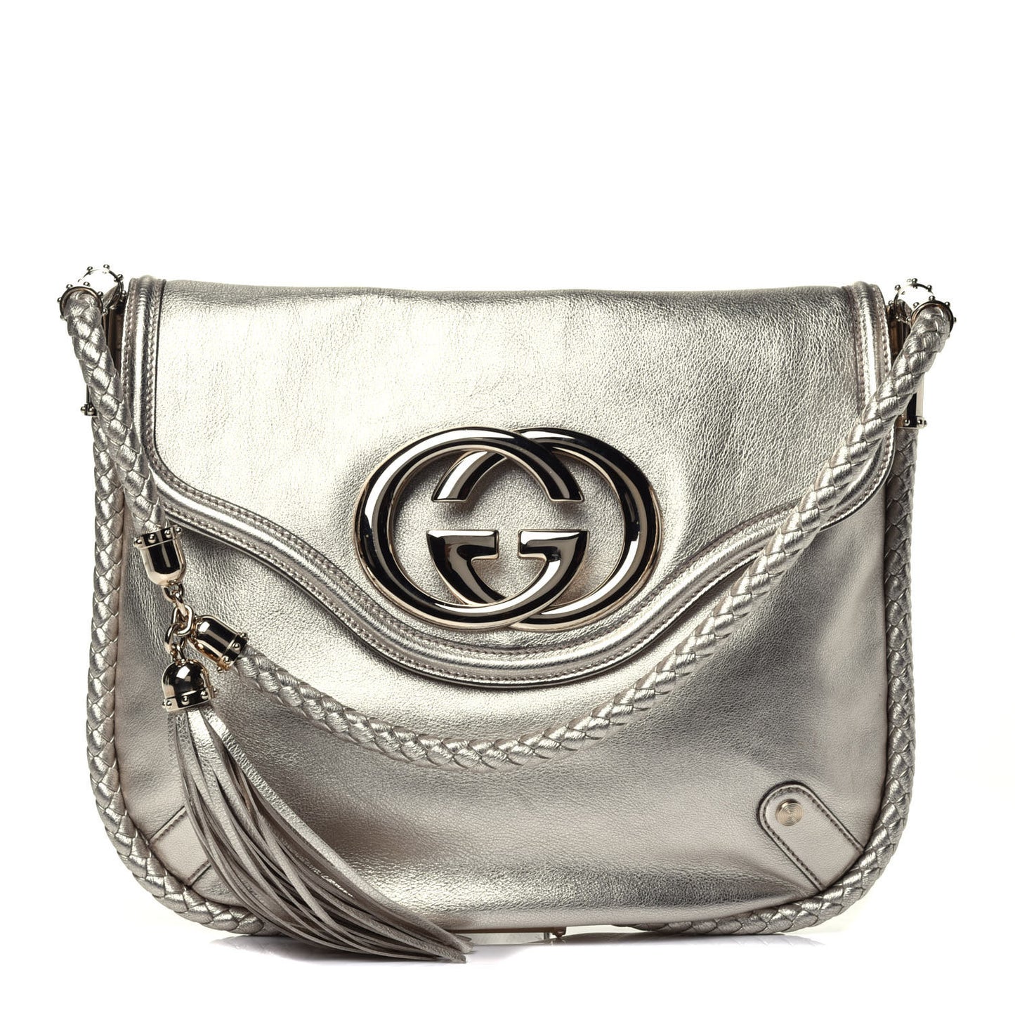 Metallic Calfskin Medium Britt Tassel Shoulder Bag Platinum