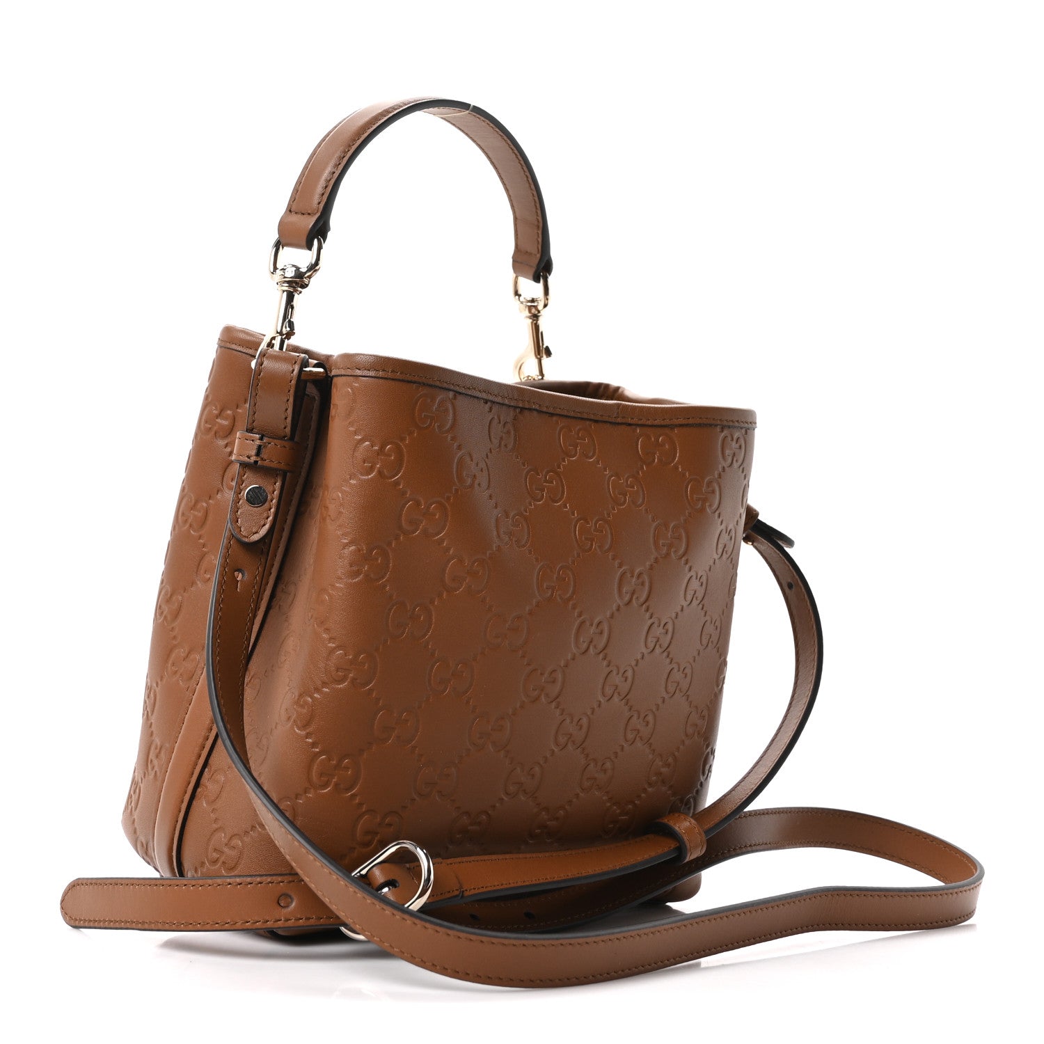 Gucci GG Calfskin Embossed Emblem Small Bucket Bag Brown 3 of 10