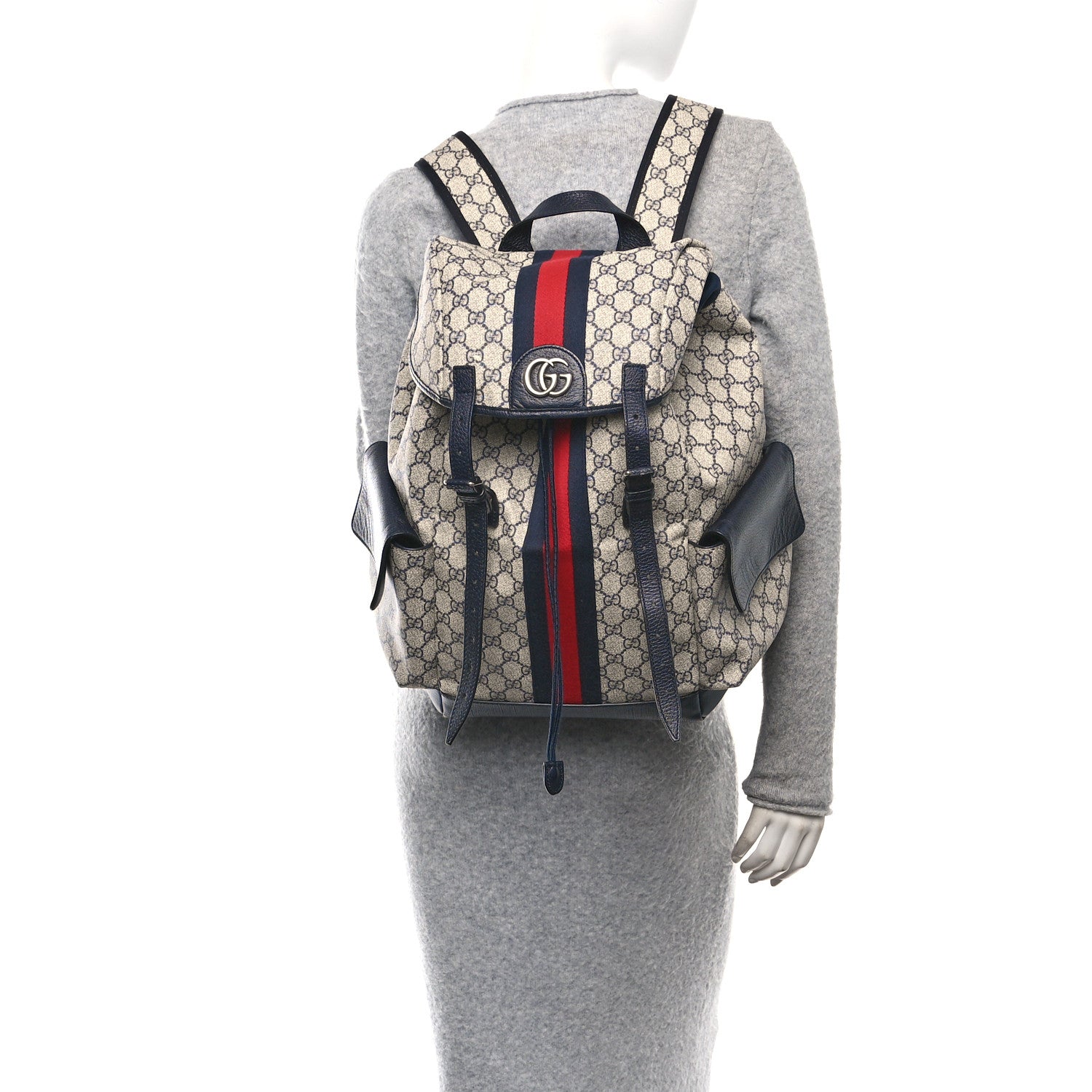 Gucci GG Supreme Monogram Medium Ophidia Double Buckle Backpack Beige Blue Black 2 of 10