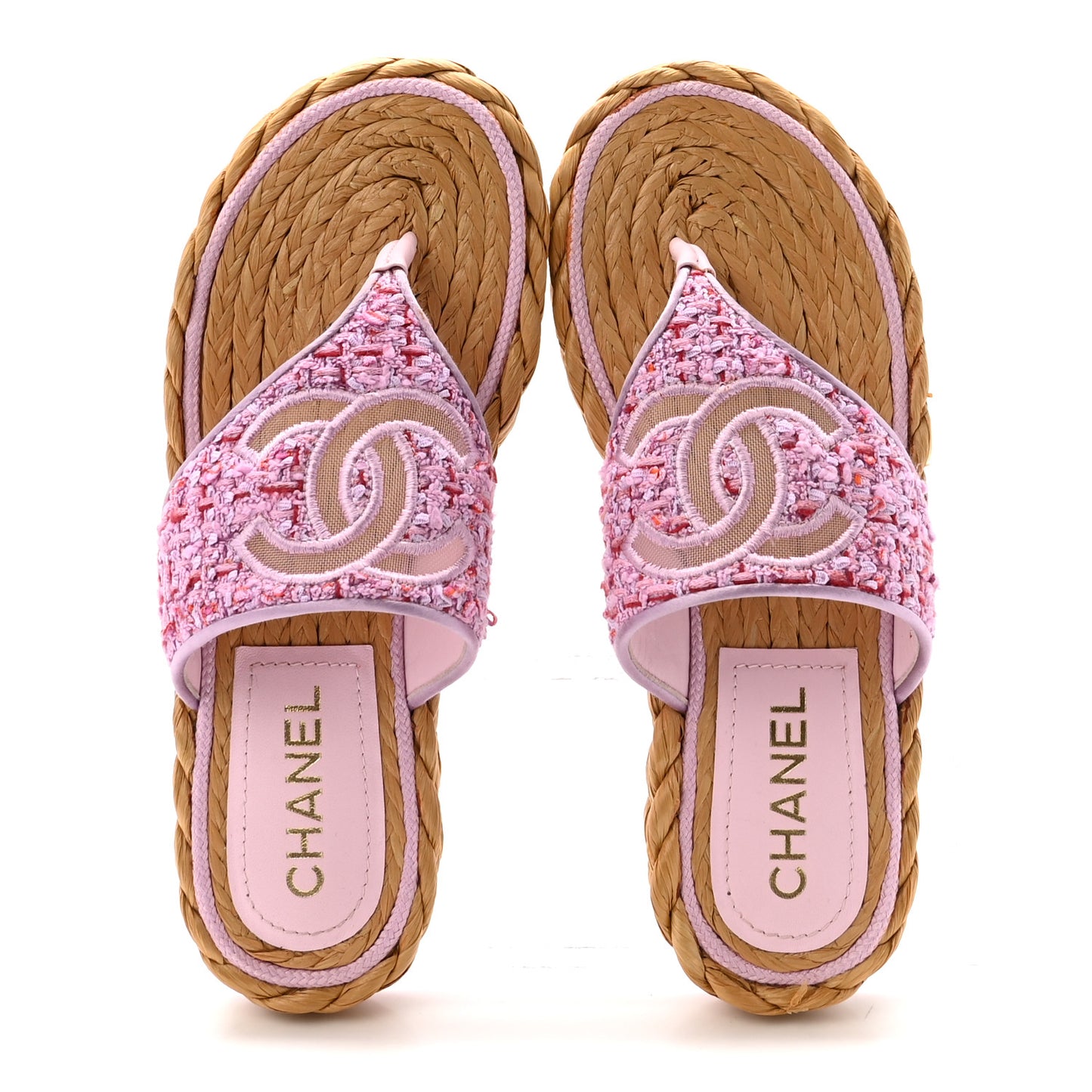 Tweed Mesh Satin CC Thong Sandals 37 Light Purple Pink Red