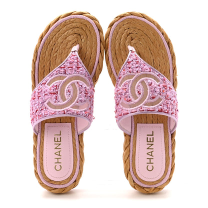 Chanel Tweed Mesh Satin CC Thong Sandals 37 Light Purple Pink Red 2 of 10
