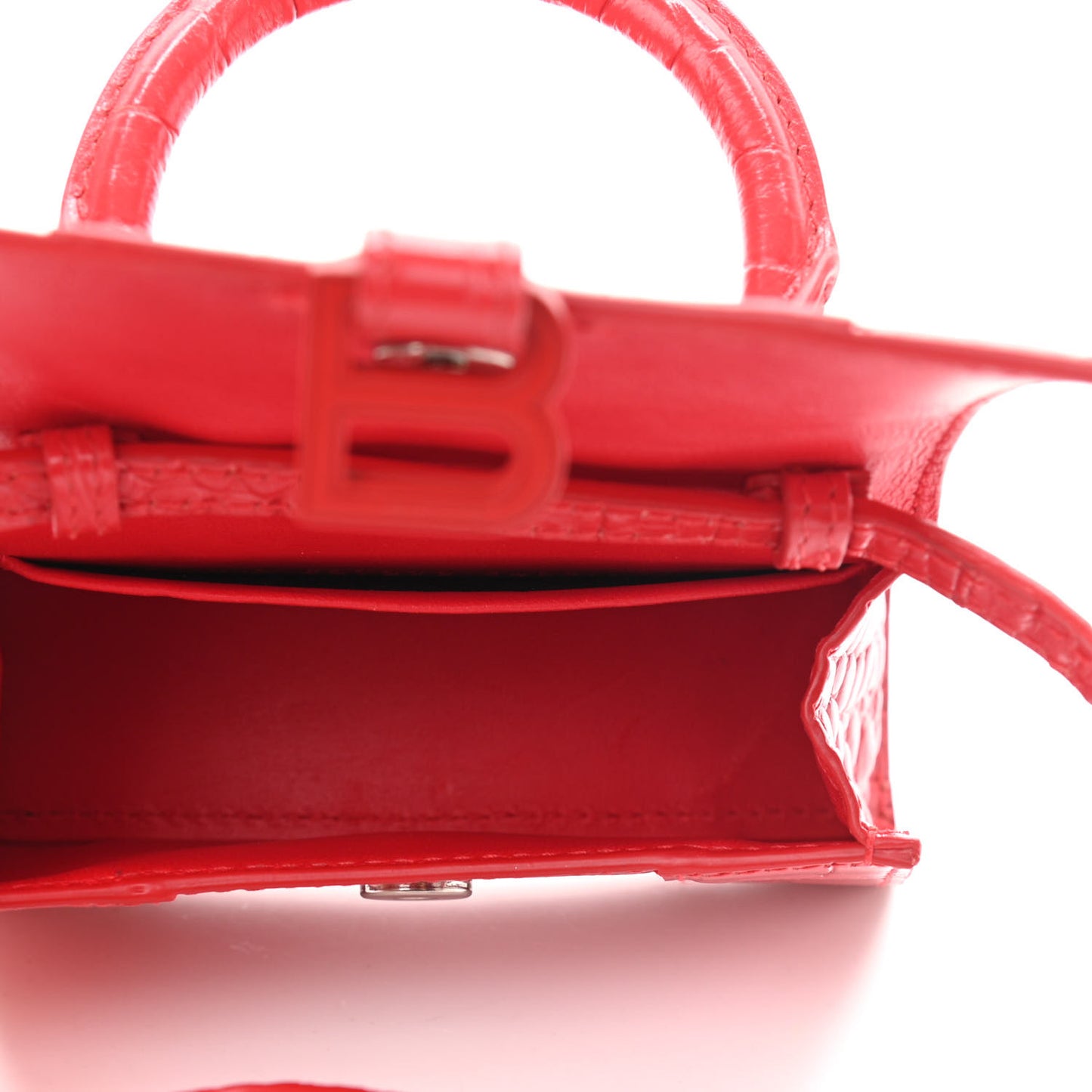 Shiny Calfskin Tonal B Crocodile Embossed Hourglass Top Handle Bag Mini Bright Red