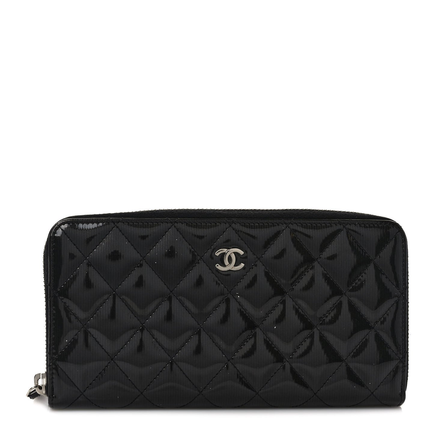 Striated Patent Zip Around Wallet Black