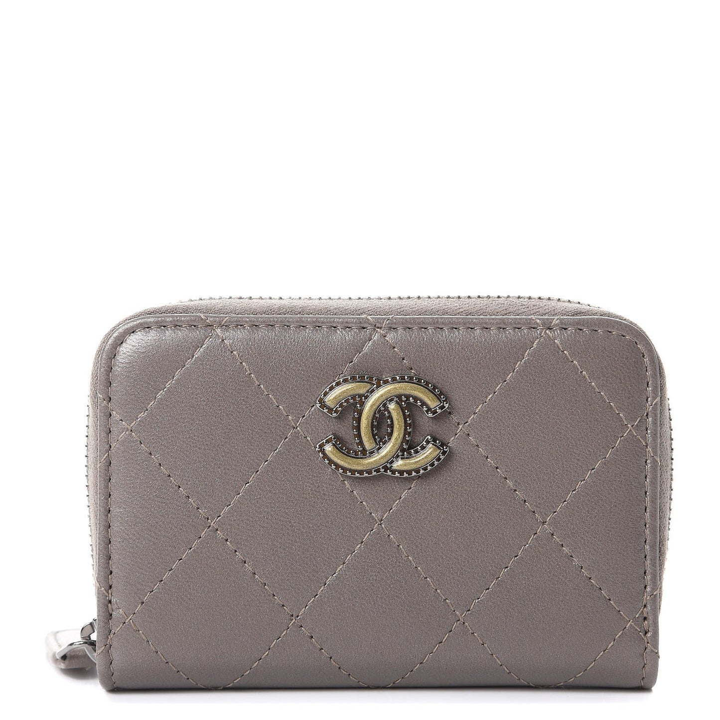 Calfskin Resin Quilted Zip Around Coin Purse Grey