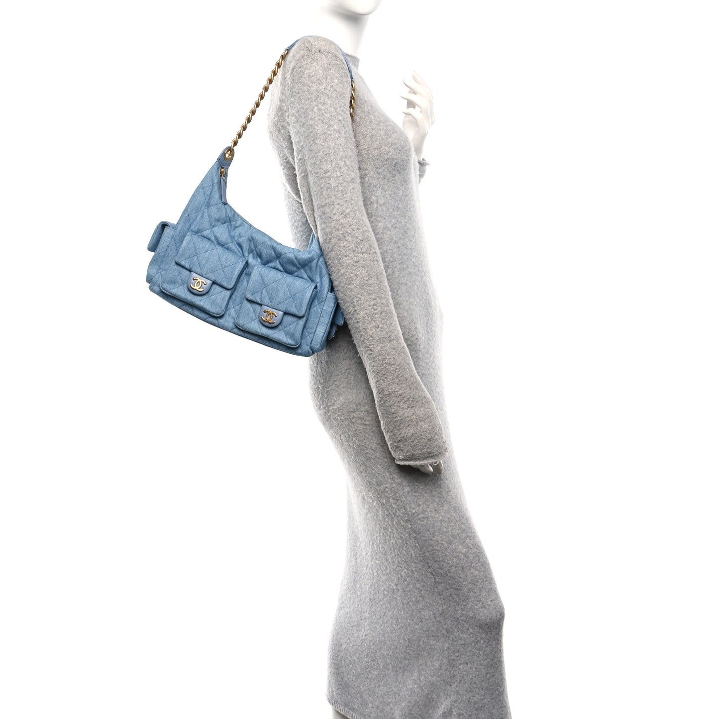 Washed Denim Quilted Large Trendy Pockets Hobo Blue