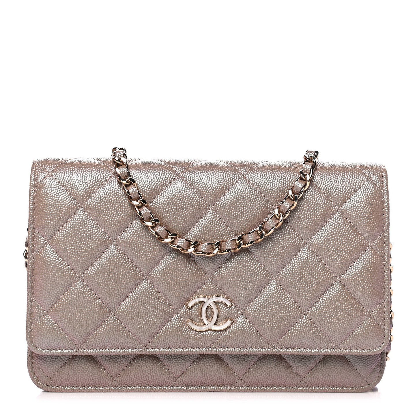 Iridescent Caviar Quilted Wallet On Chain WOC Beige